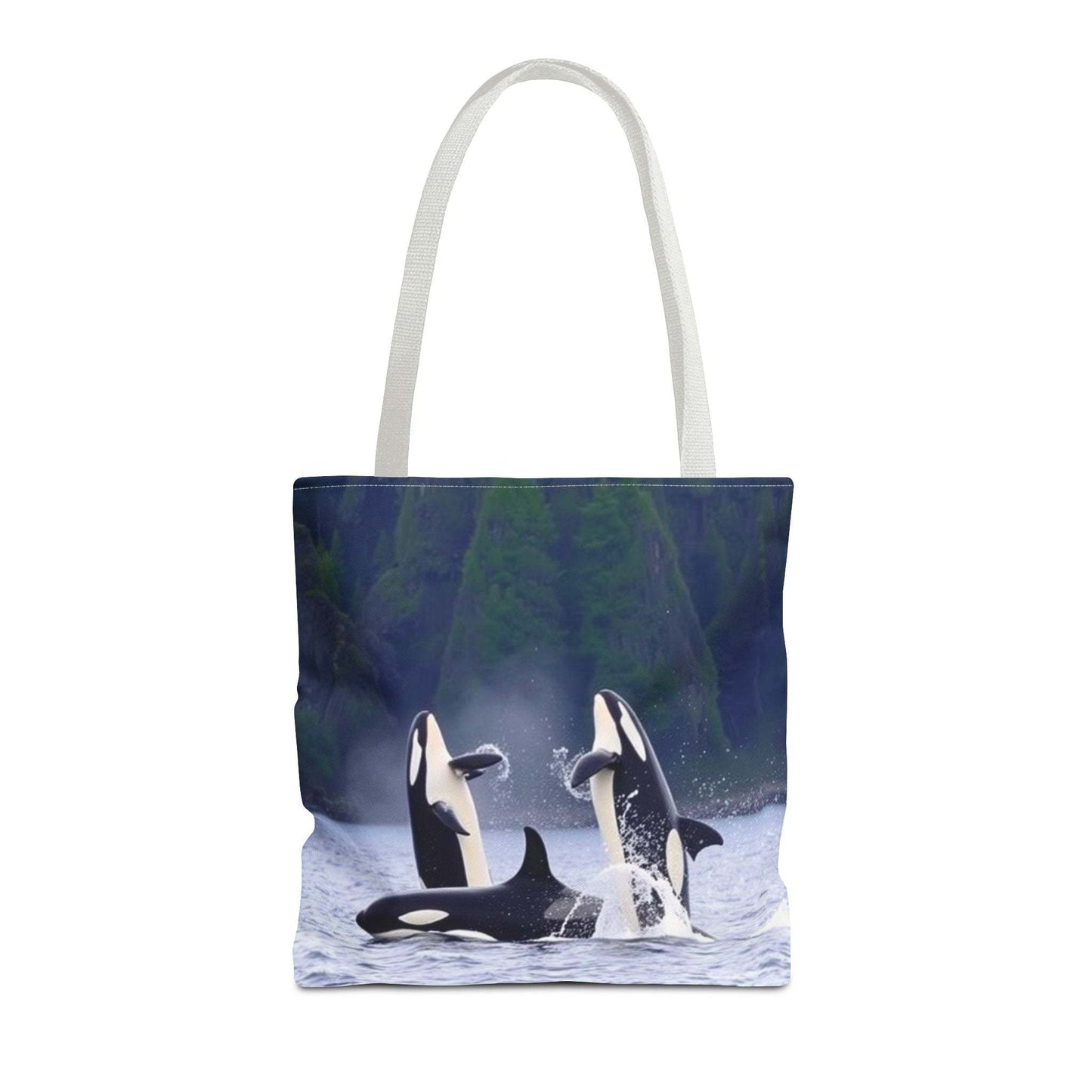 Orca whale tote bag featuring vibrant ocean wildlife design, eco-friendly shopping accessory.