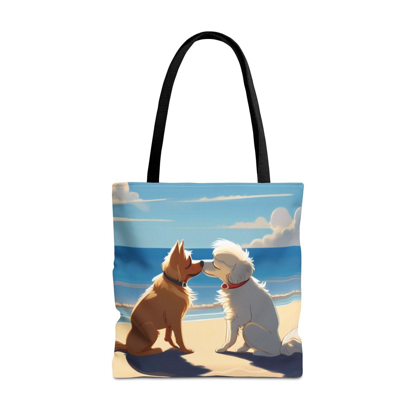 Everyday beachy Tote Bags featuring stylish pups on the beach design, durable polyester material.