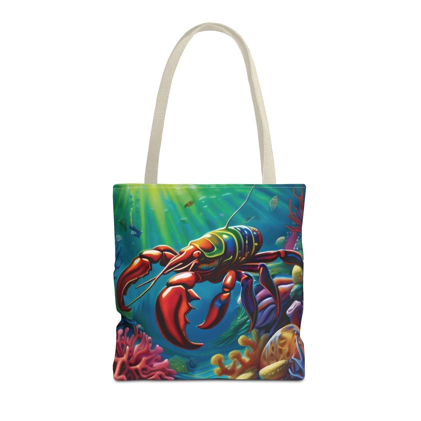 Vibrant lobster tote bag with ocean theme, ideal for beach lovers and marine enthusiasts.