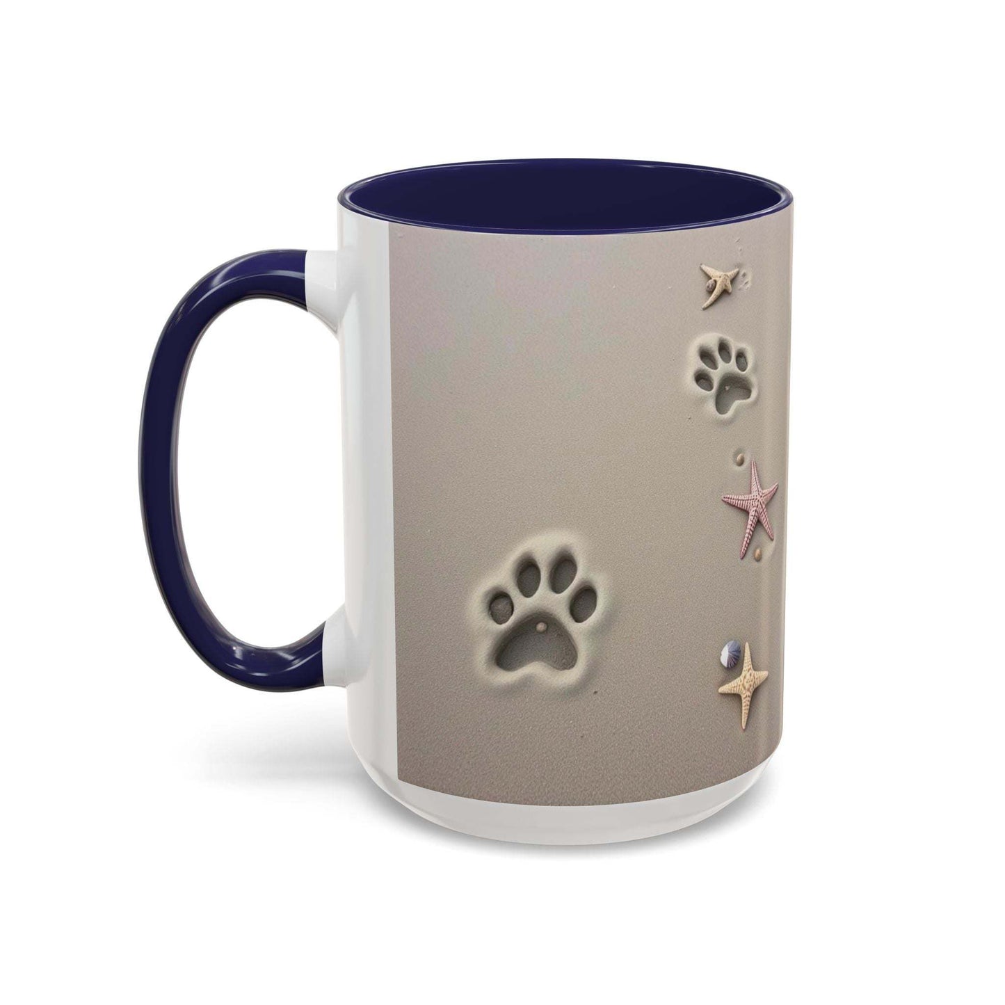 Nautical coffee mug with starfish and paw prints design.