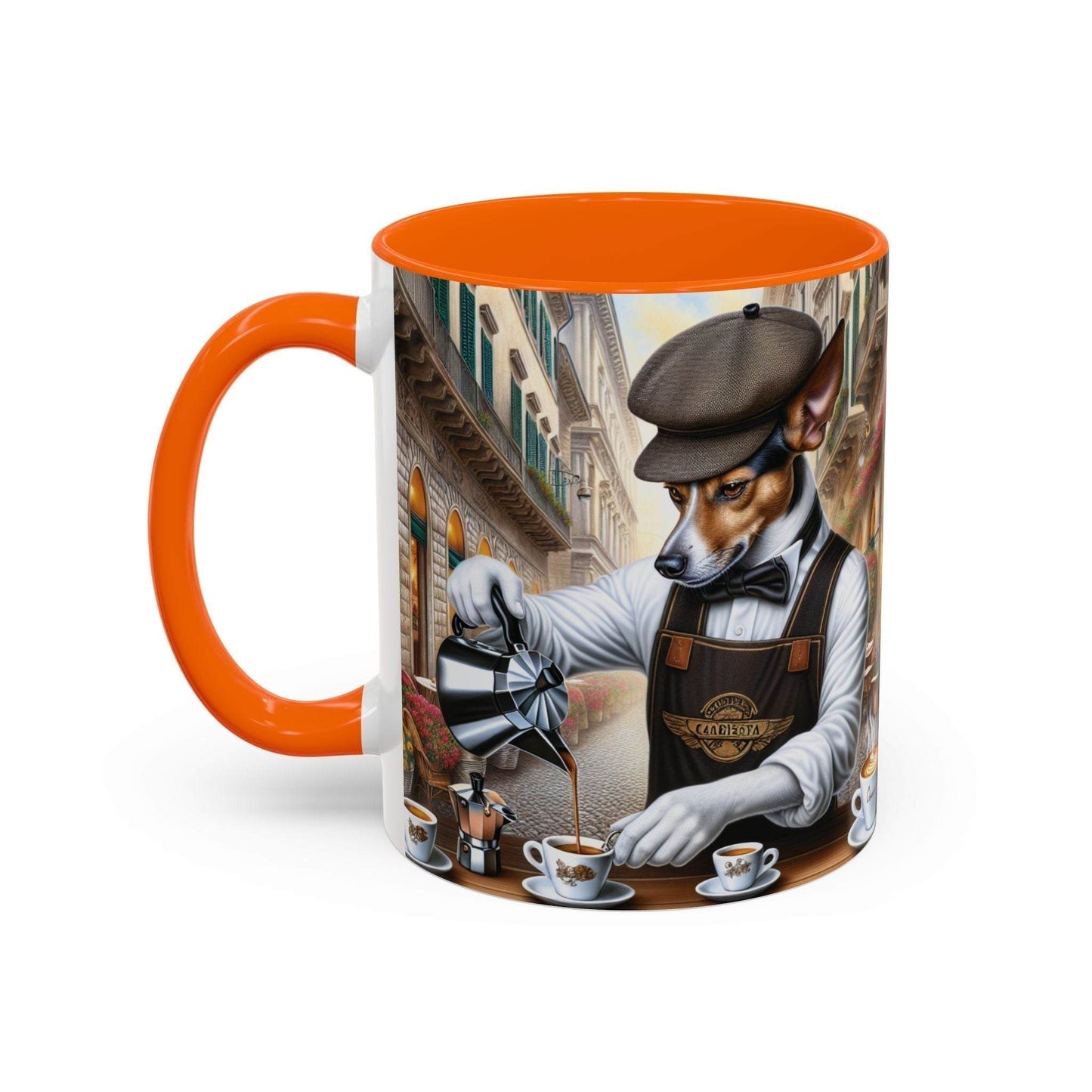 Artistic Dog Barista Coffee Mug with vibrant design, available in 11oz and 15oz sizes for dog lovers.
