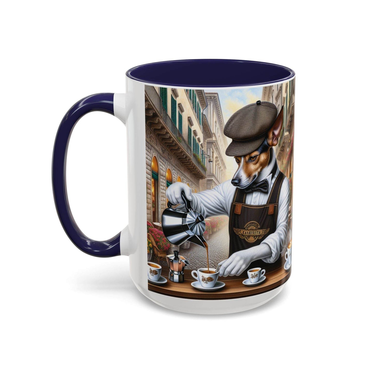 Artistic Dog Barista Coffee Mug with unique design, perfect for dog lovers, available in 11oz and 15oz sizes.