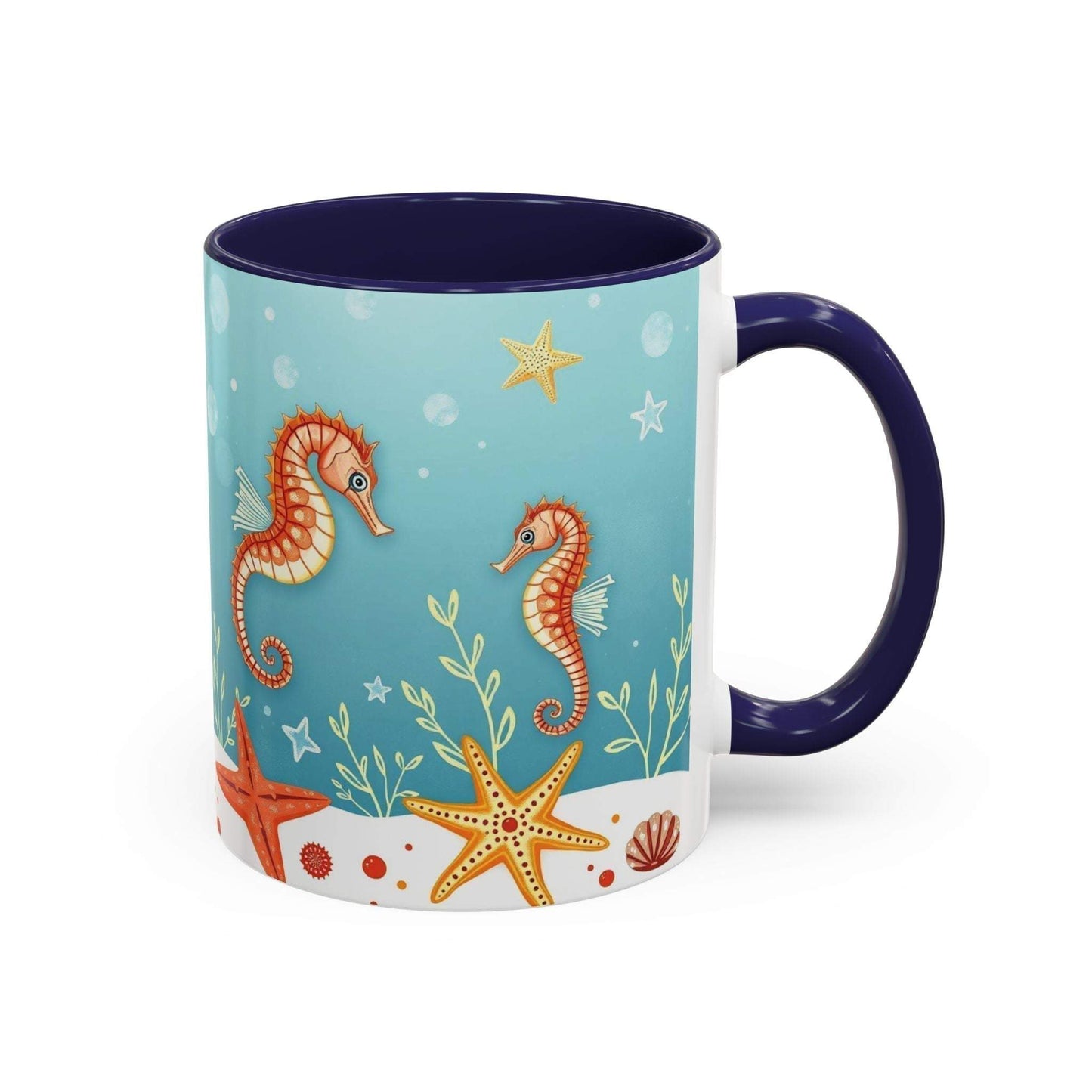 Ocean-themed coffee mug with seahorses and starfish design.