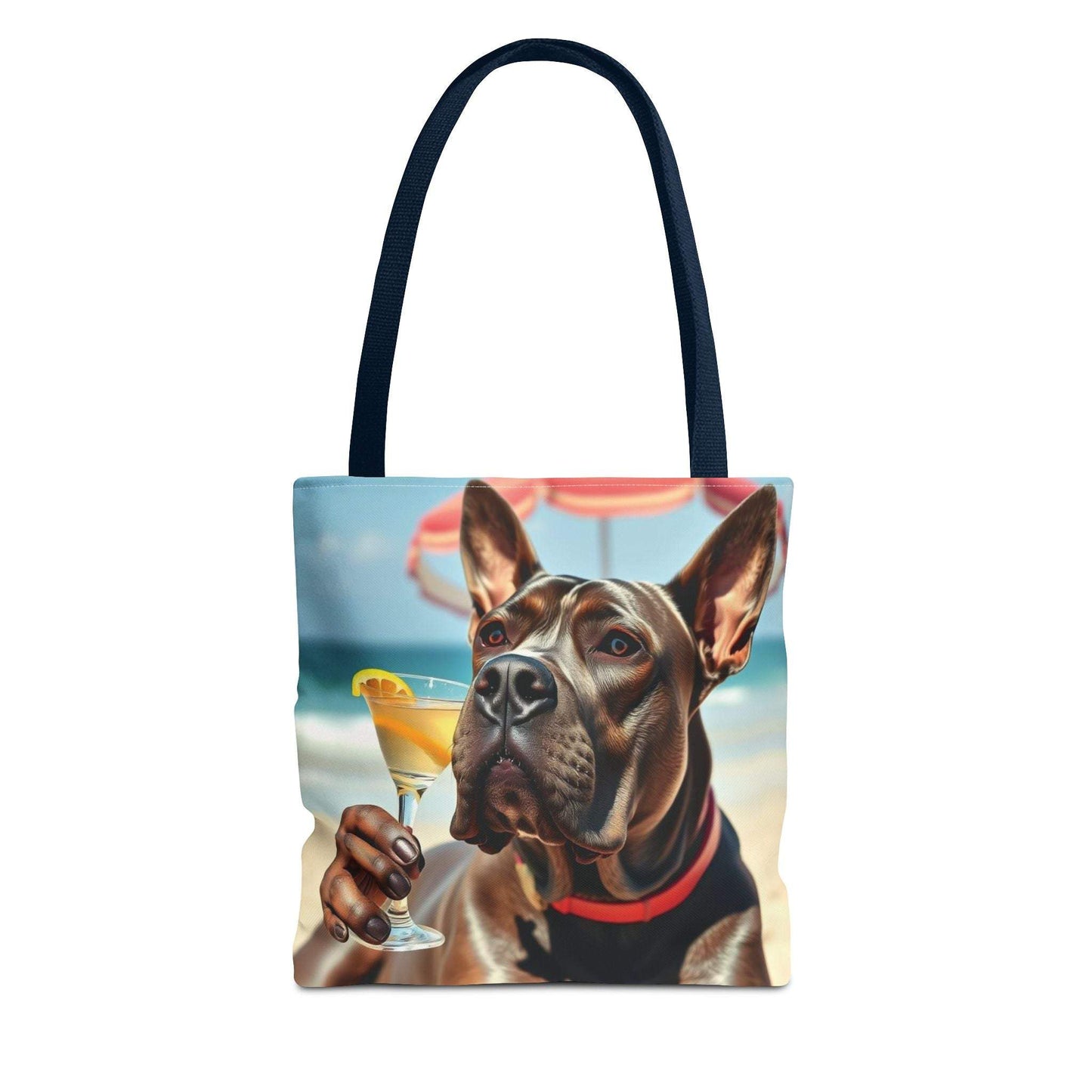 Cool Dog Tote Bag featuring a playful dog with a drink, perfect for pet lovers and beach days.