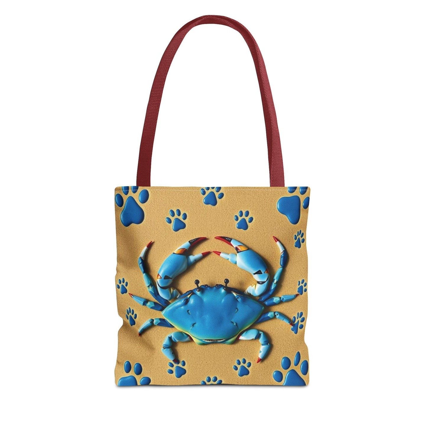 Blue crab pattern tote bag with red handles, perfect for beach lovers and summer adventures.