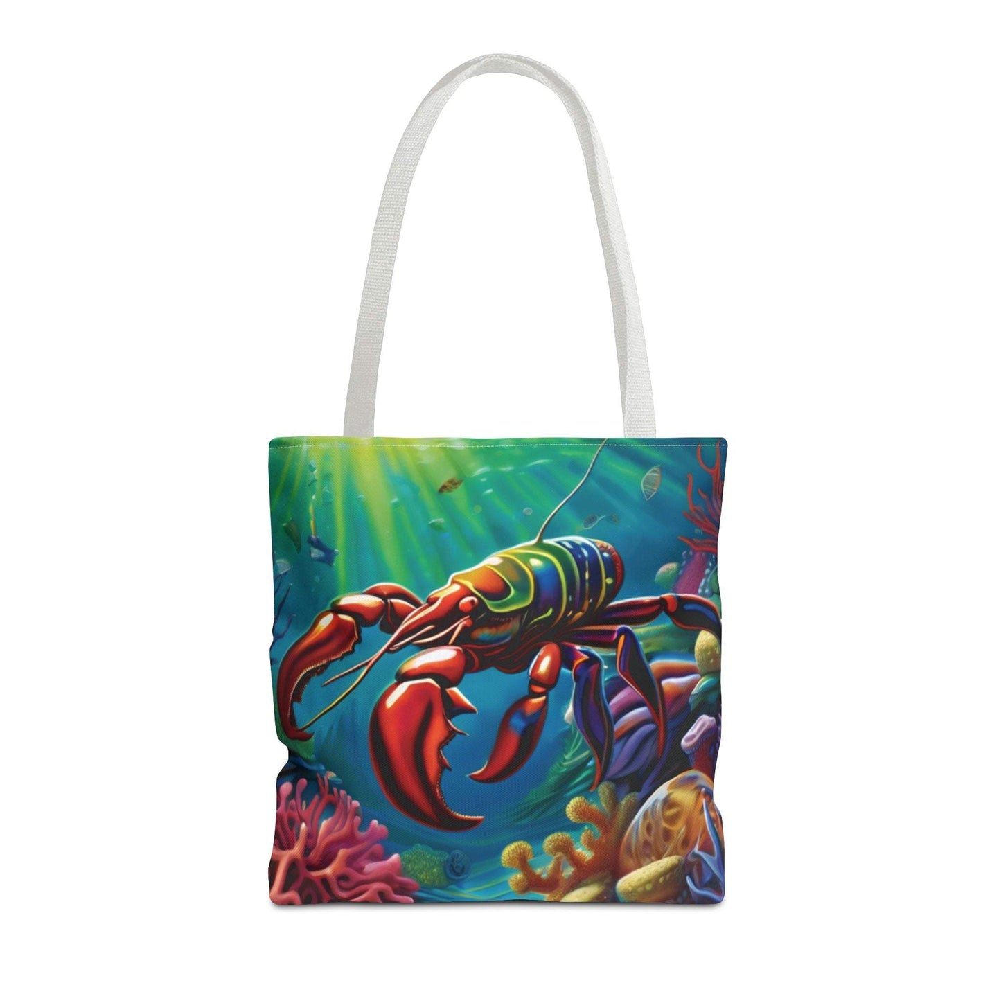 Vibrant Lobster Tote Bag with marine life design, ideal for beach lovers.