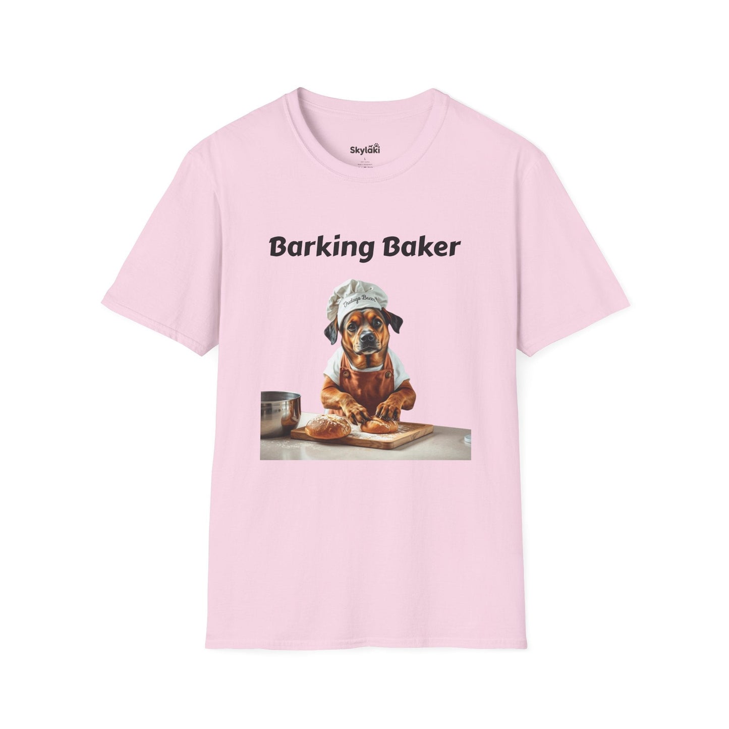 Barking Baker unisex softstyle t-shirt with humorous dog chef design.