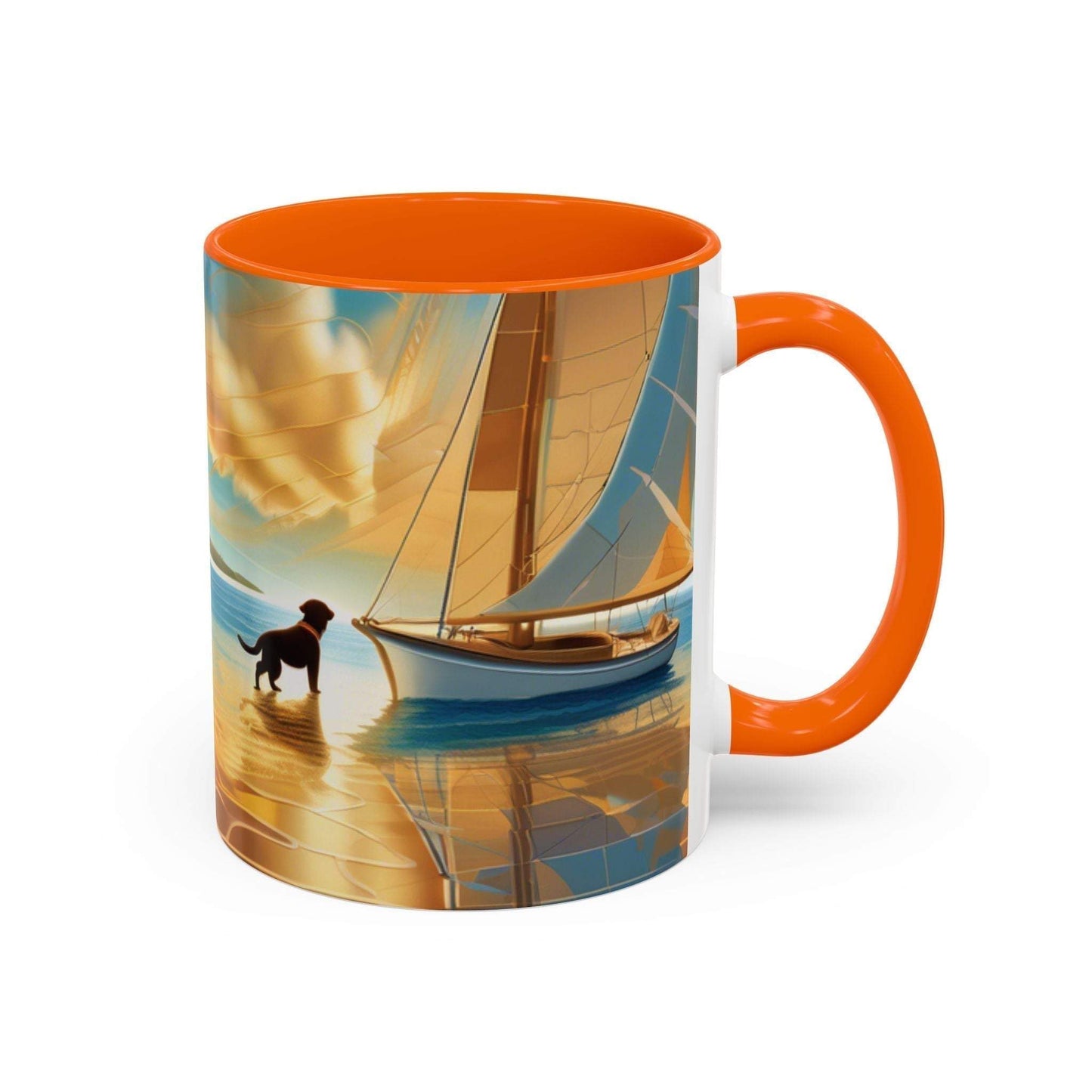 Serene Sunset Dog Lover's Mug with vibrant sailing scene, perfect gift for pet owners.
