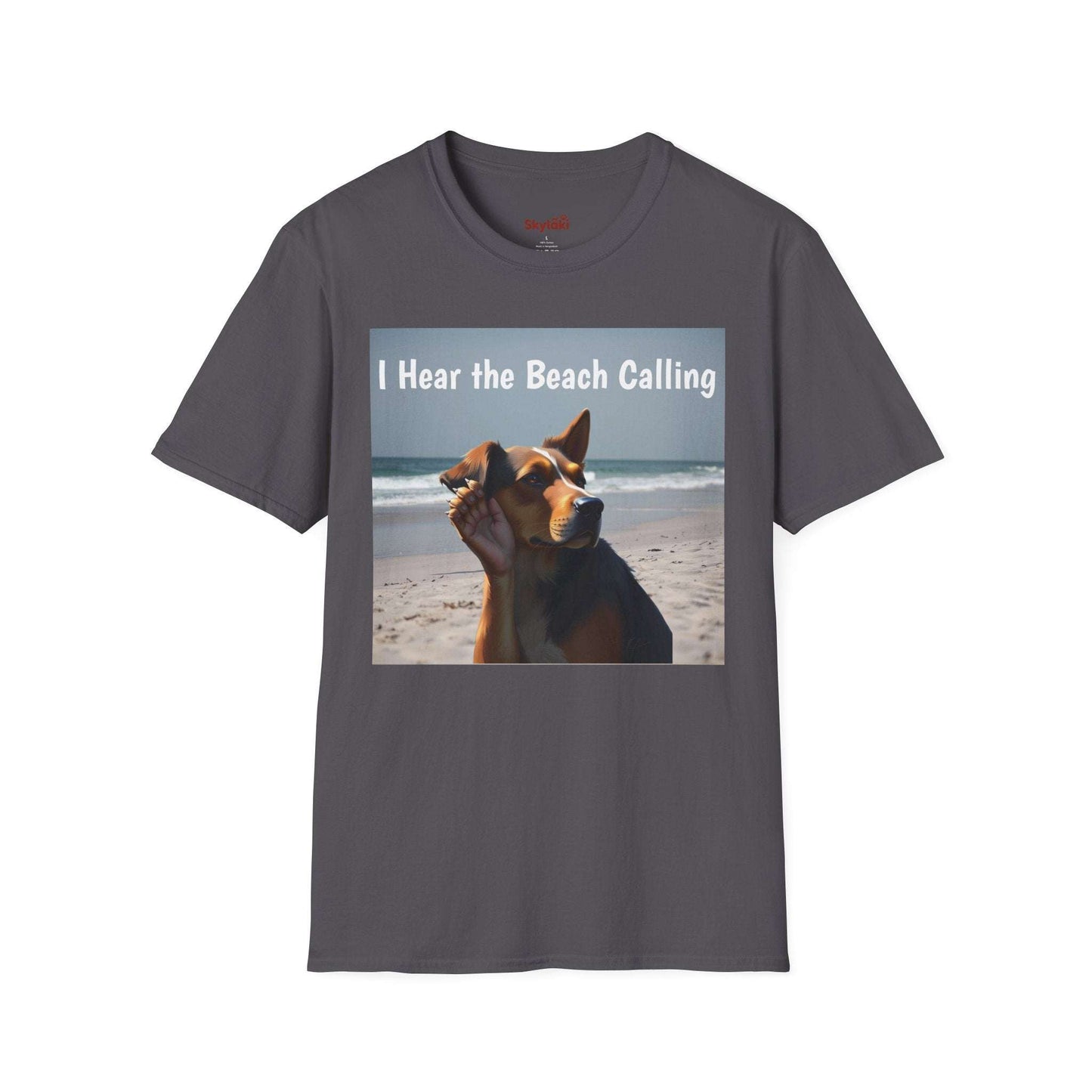 Dog Lovers Unisex Softstyle T-Shirt with beach-themed dog design.