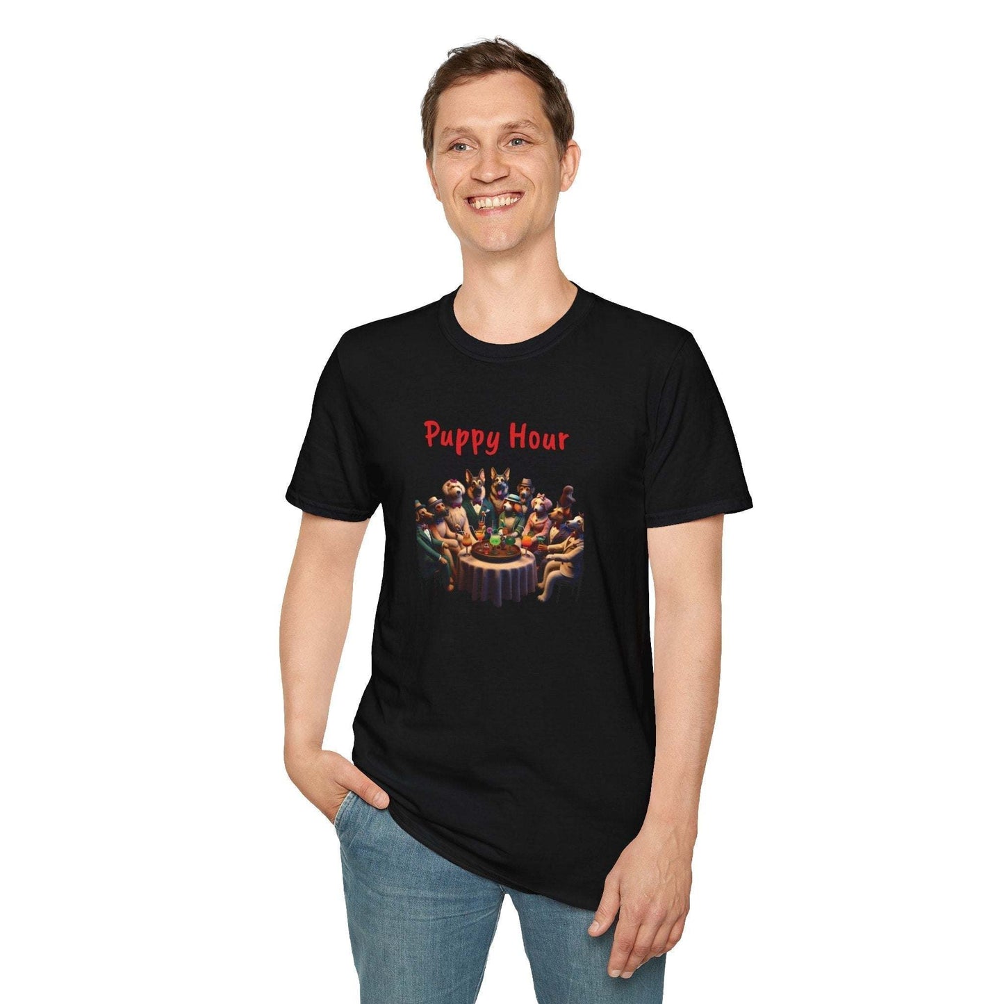 Unisex "Puppy Hour" T-shirt with playful design, premium long-lasting fabric.