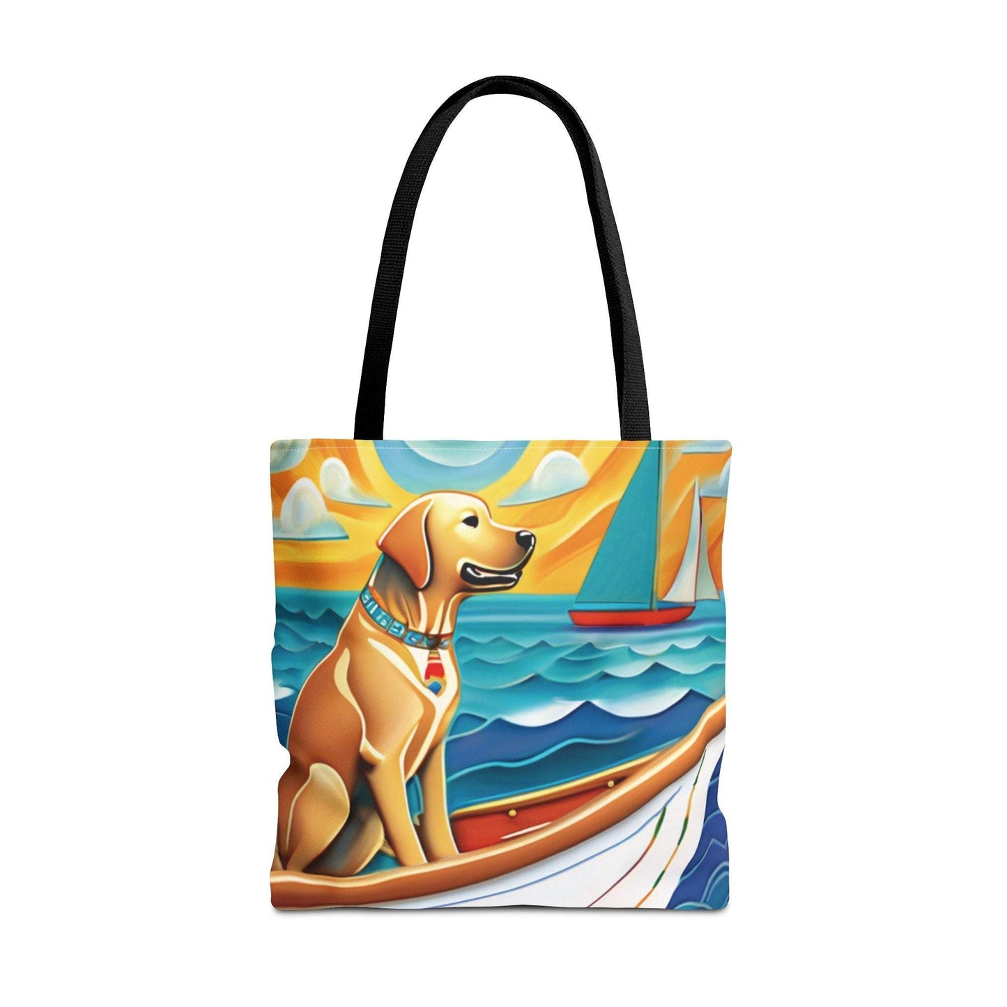 Sailing Dog Tote Bag with a cheerful dog design on calm waters, perfect for pet lovers and outdoor enthusiasts.
