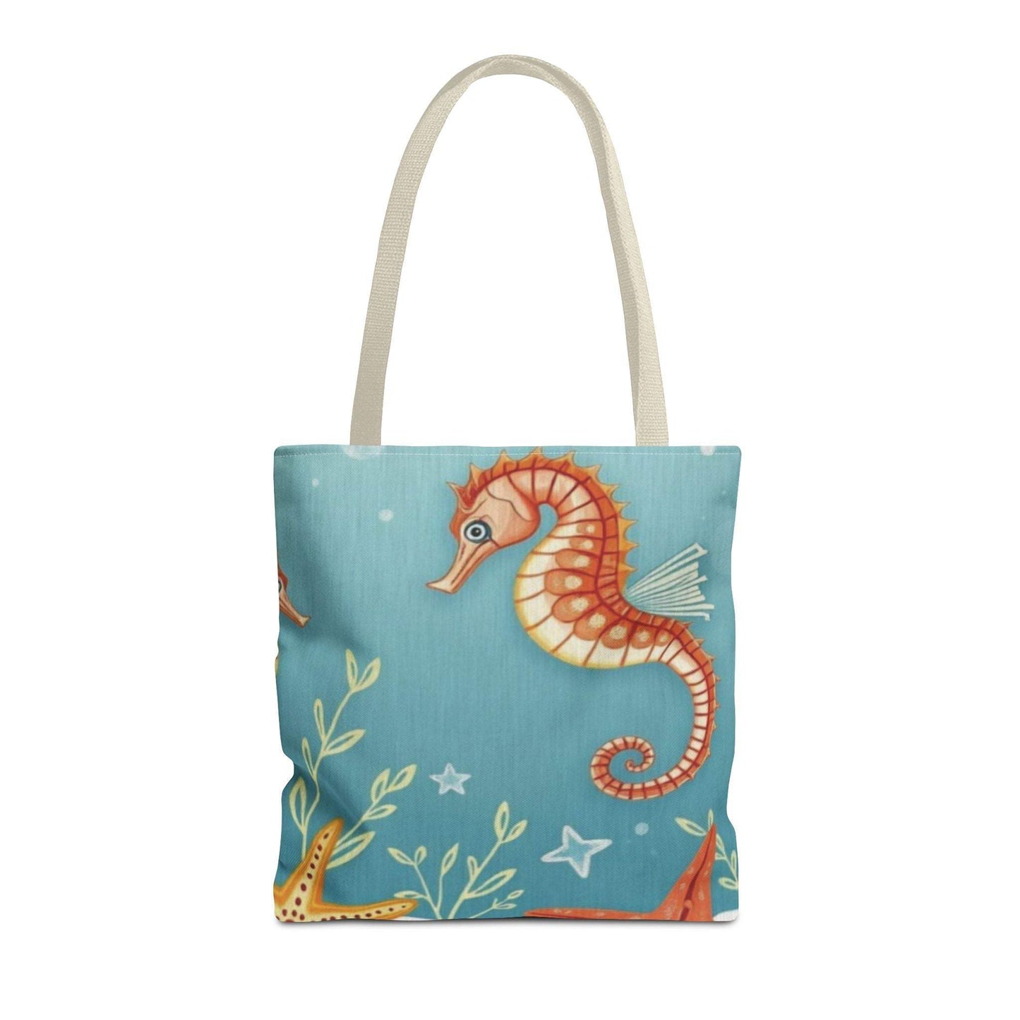 Beach tote bag with vibrant seahorse and starfish design, ideal for casual outings.