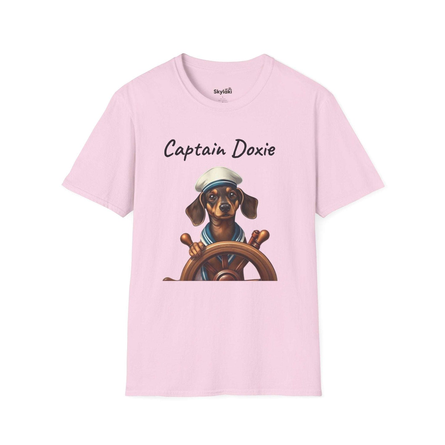 Captain Doxie Unisex Softstyle T-Shirt with Nautical Dog Design in pink.