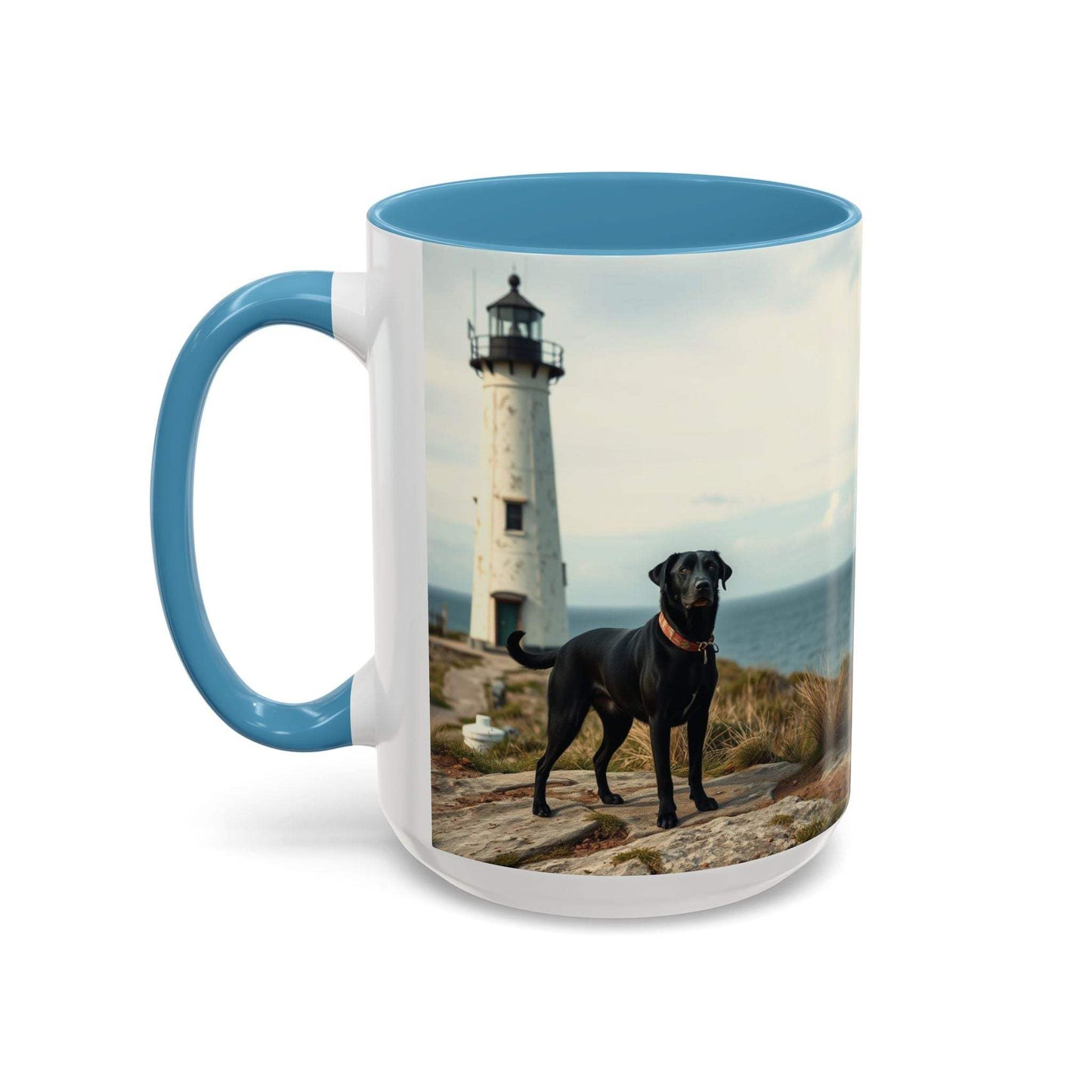 Ocean-themed ceramic coffee mug with lighthouse and dog design, blue interior, perfect for coastal vibe home decor.