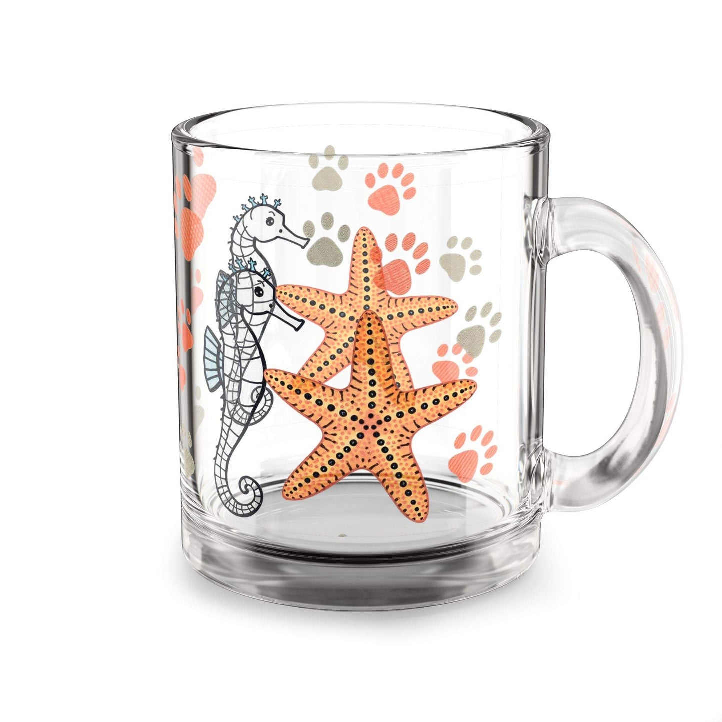 Coastal Seahorse & Starfish glass mug, 10oz, ocean-themed drinkware with ergonomic handle.