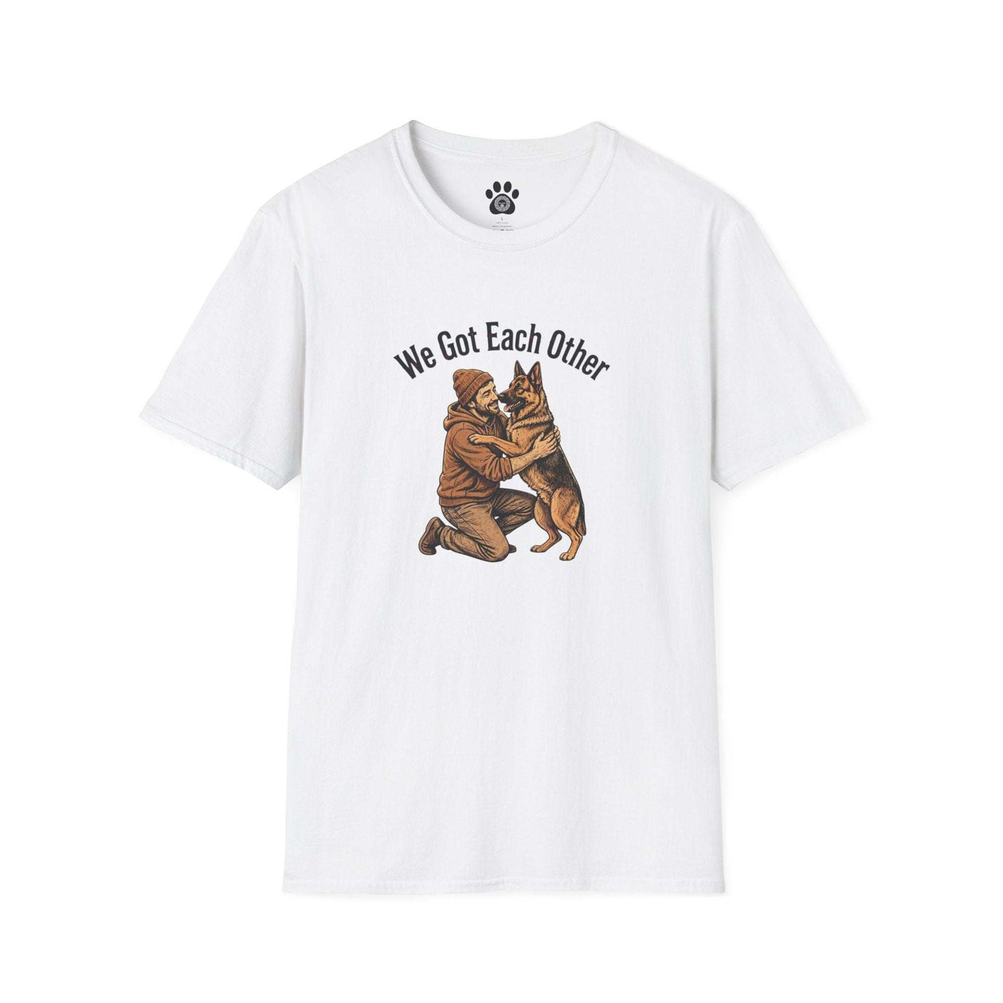 Dog Dad Shirt featuring black-and-white illustration of person embracing dog with “We Got Each Other” text on soft unisex cotton tee
