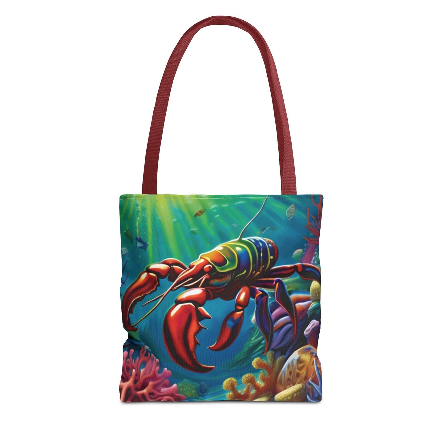 Lobster tote bag with vibrant ocean design and red handle.