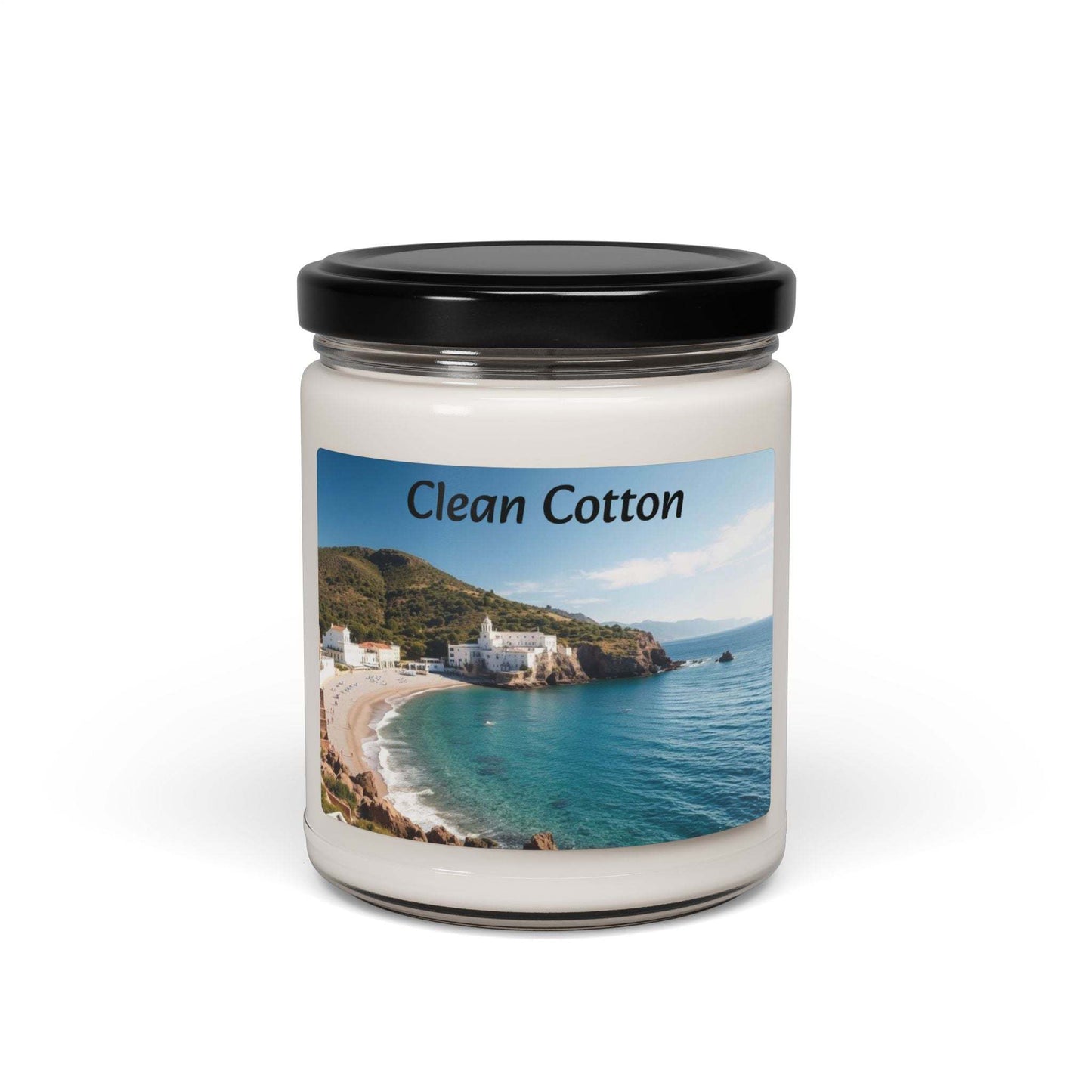 Clean Cotton scented soy candle in glass jar with ocean-themed label, 9oz.