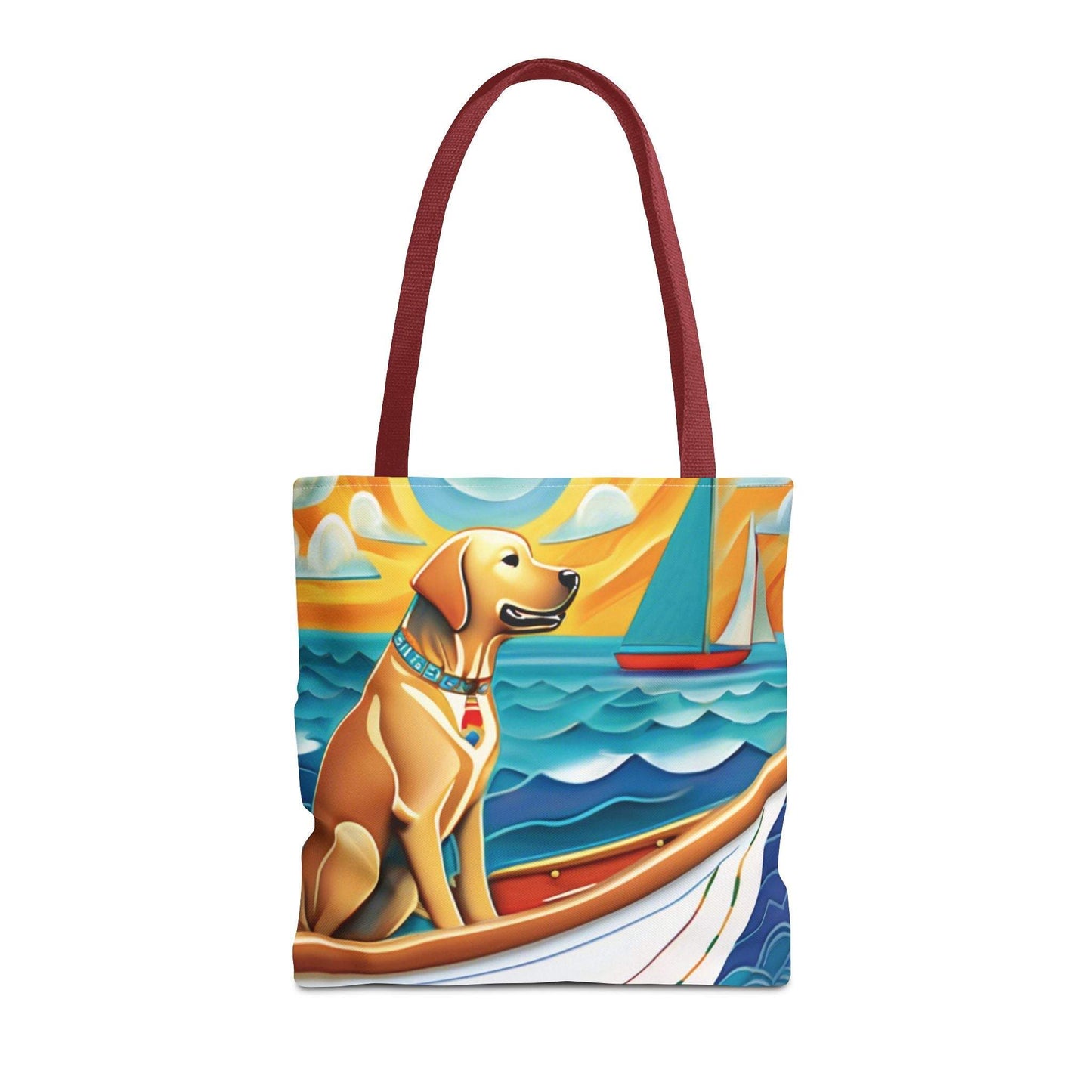 Vibrant tote bag featuring a cheerful dog sailing, ideal for pet lovers and outdoor enthusiasts.