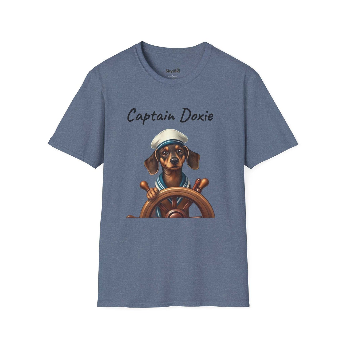 Captain Doxie Unisex Softstyle T Shirt with nautical dog design on blue fabric.