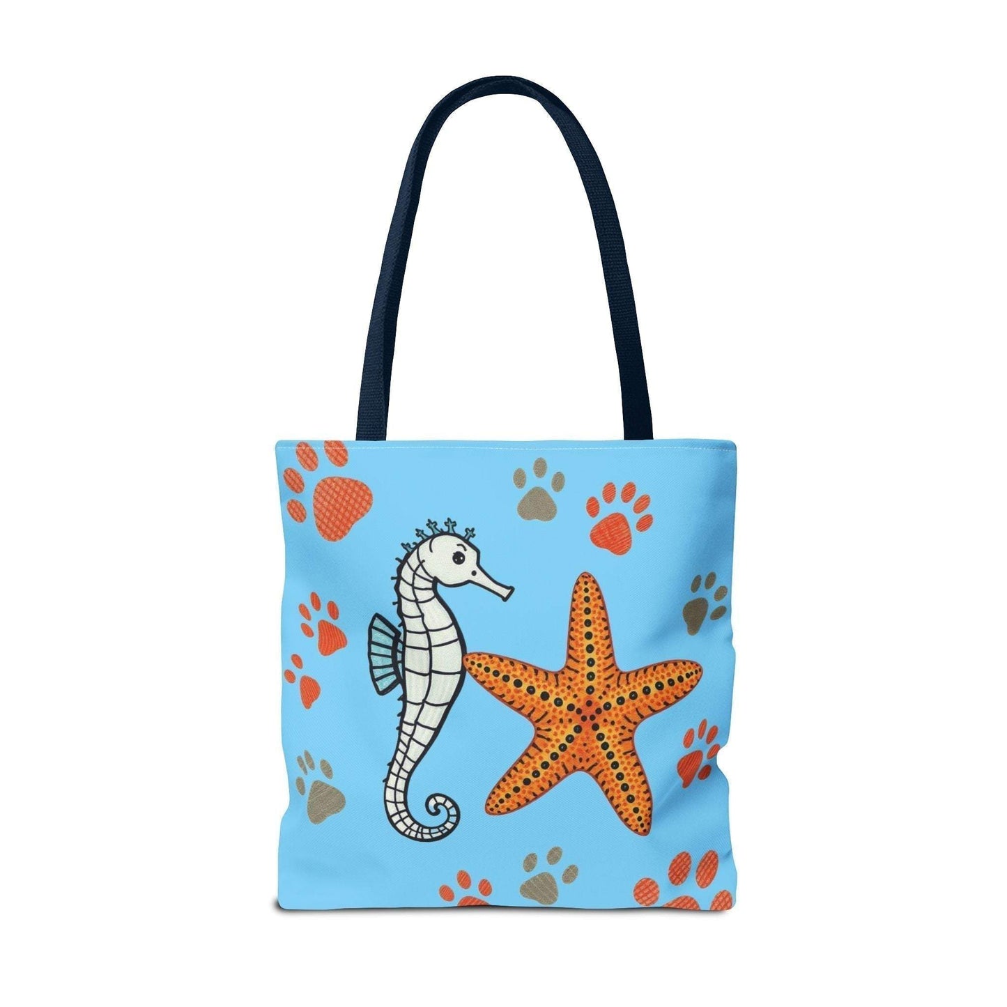 Ocean-Inspired Tote Bag with Seahorse and Starfish Design on Blue Background