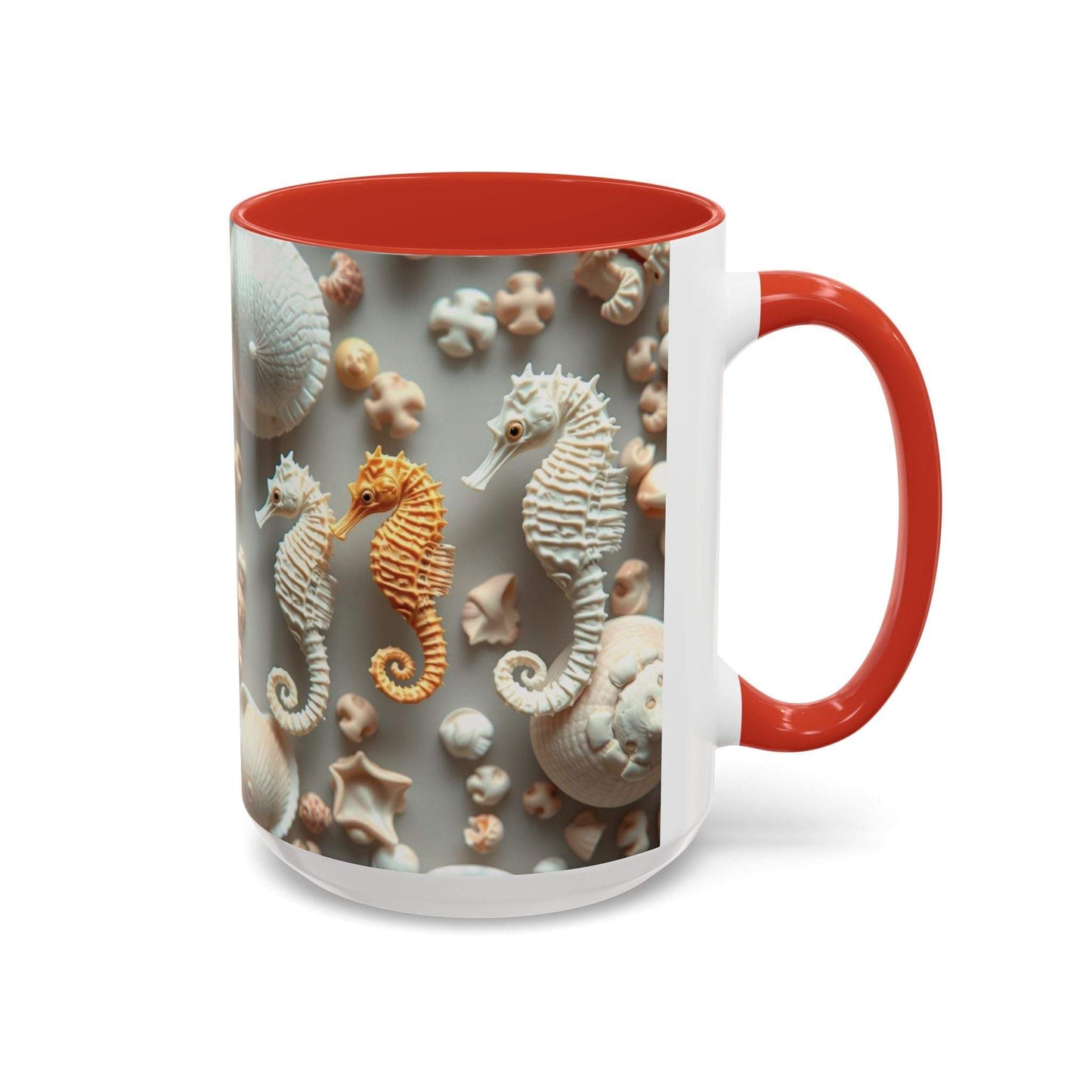 Seahorse Accent Coffee Mug with nautical design, red interior handle, vibrant kitchen mug.