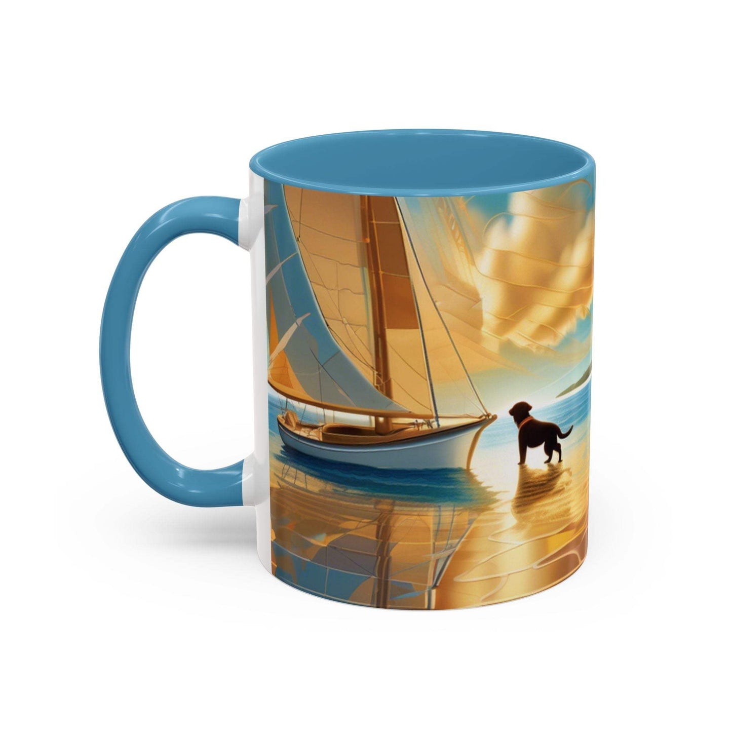 Serene Sunset Dog Lover's Coffee Mug with sailboat and dog design, available in 11oz and 15oz sizes.