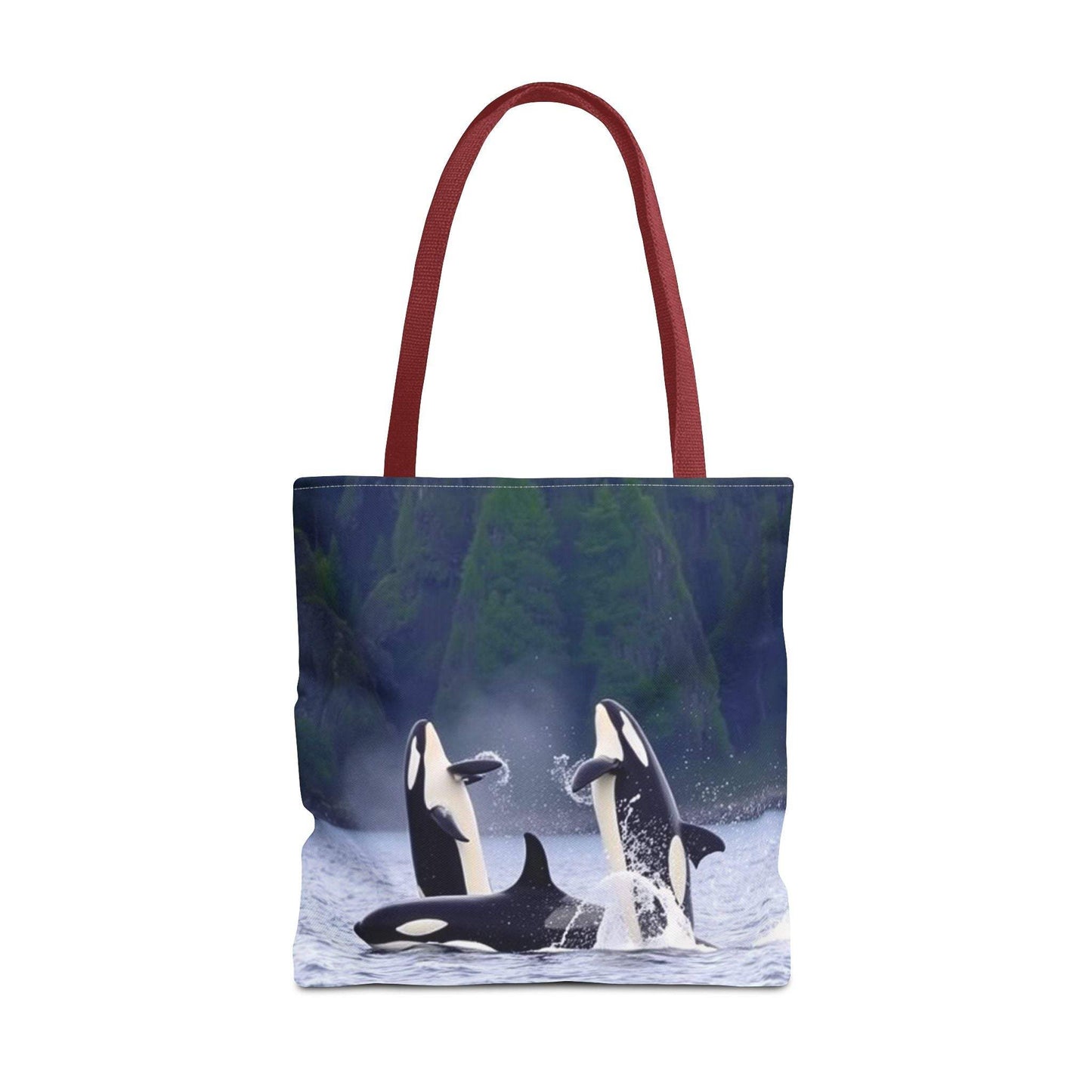 Orca whales tote bag with ocean wildlife design, eco-friendly shopping accessory.