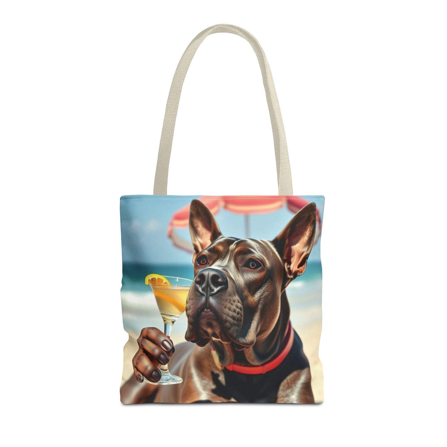 Cool Dog Tote Bag with playful dog and drink, perfect for pet lovers and beach days.
