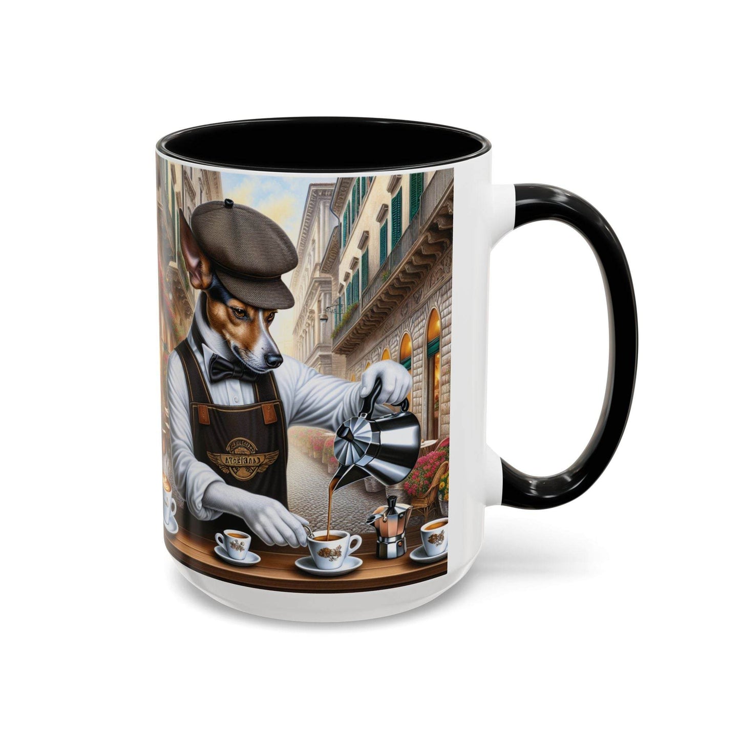 Artistic Dog Barista Coffee Mug featuring a whimsical dog pouring coffee, available in 11oz and 15oz sizes.