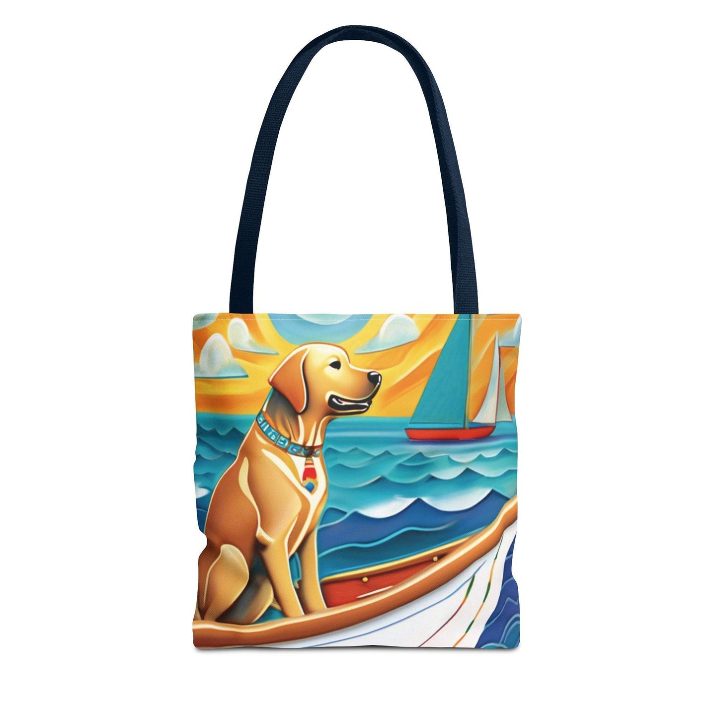 Tote Bag with Sailing Dog design showcasing a cheerful dog on a sailboat, ideal for pet lovers and outdoor enthusiasts.