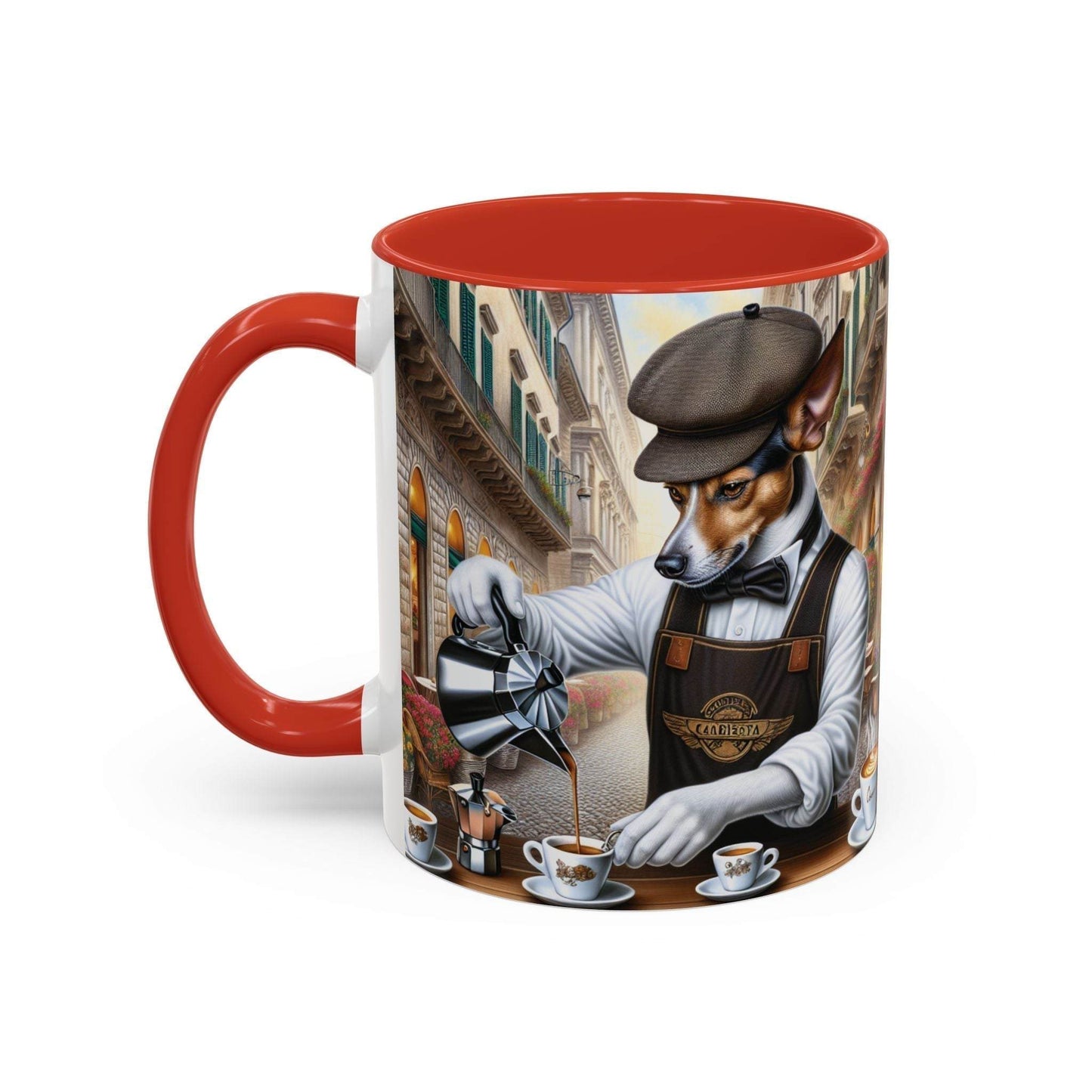 Artistic dog barista coffee mug with vibrant design, red handle, and 11oz or 15oz options.