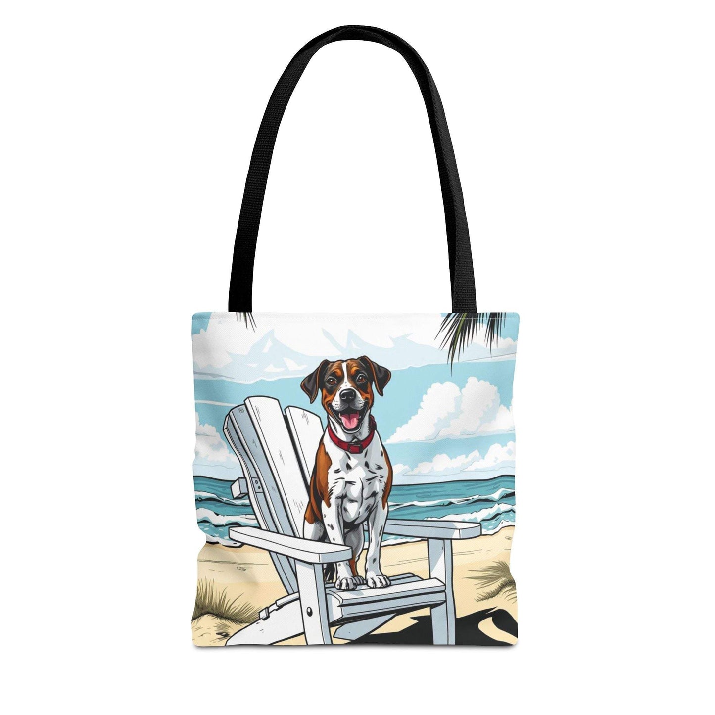 Beach tote bag with dog artwork on chair by seaside, perfect for pet lovers and summer adventures.
