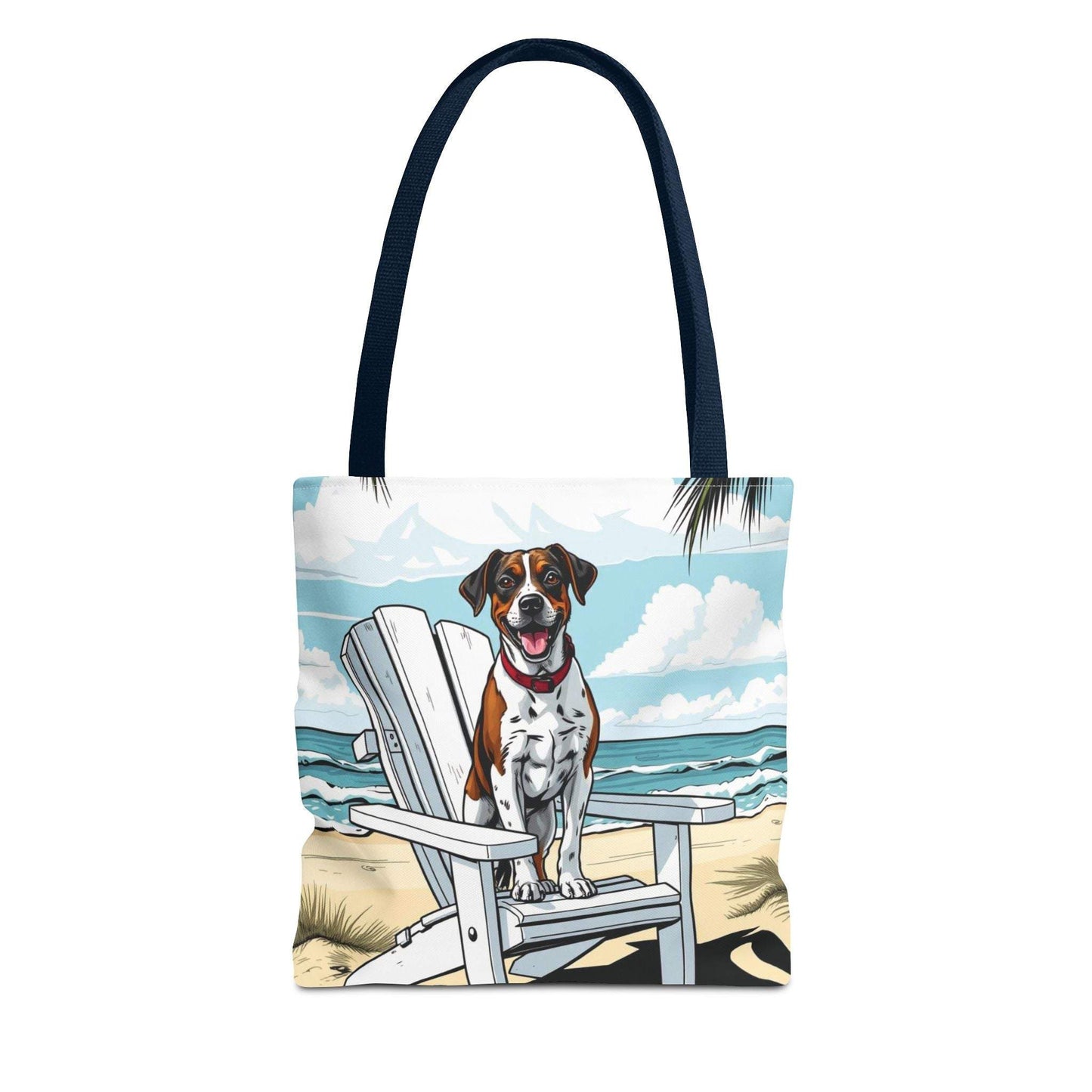 Dog-themed beach tote bag with a seaside design, perfect for pet lovers and summer outings.