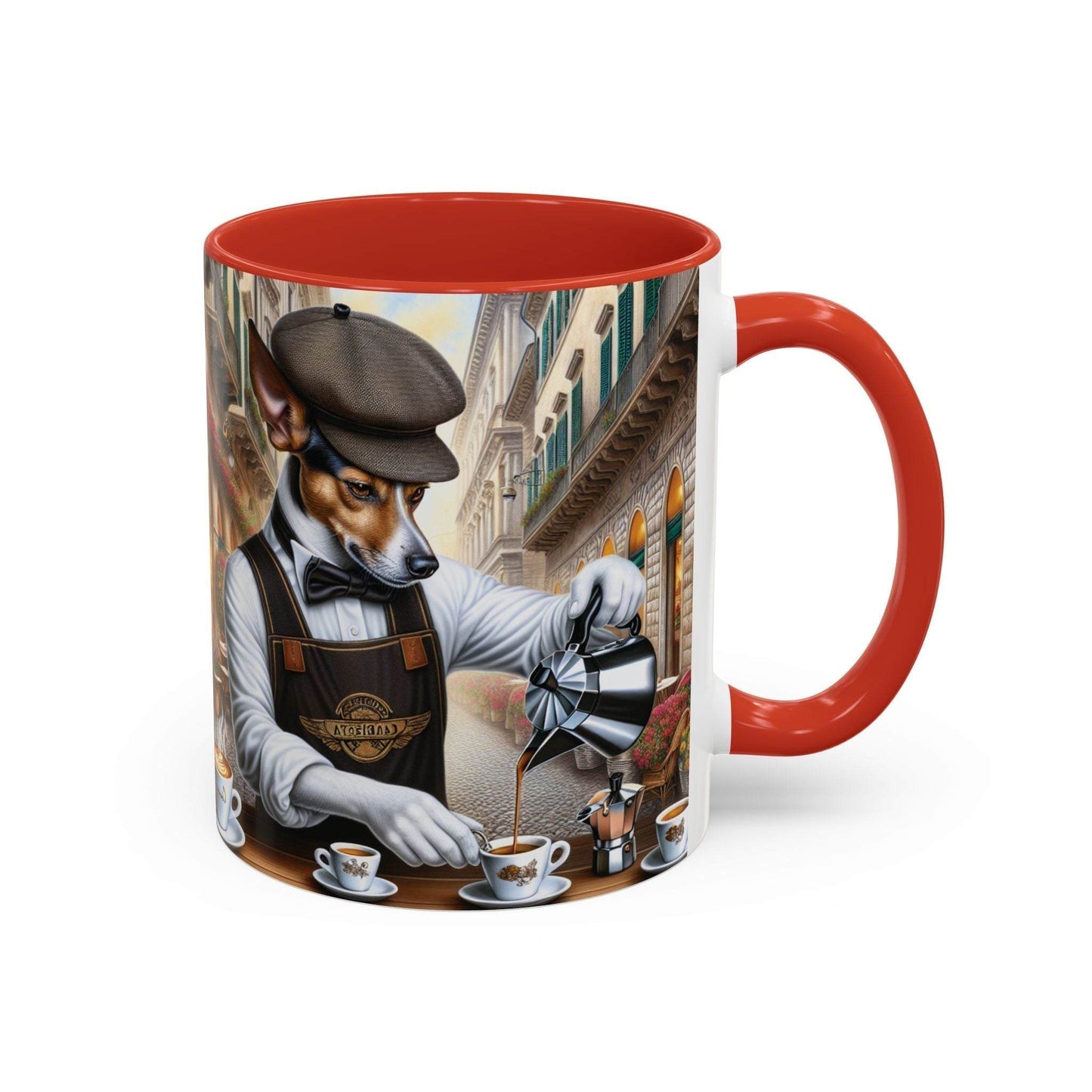 Artistic Dog Barista Coffee Mug with vibrant design and 11oz or 15oz size, perfect for dog lovers and coffee enthusiasts.