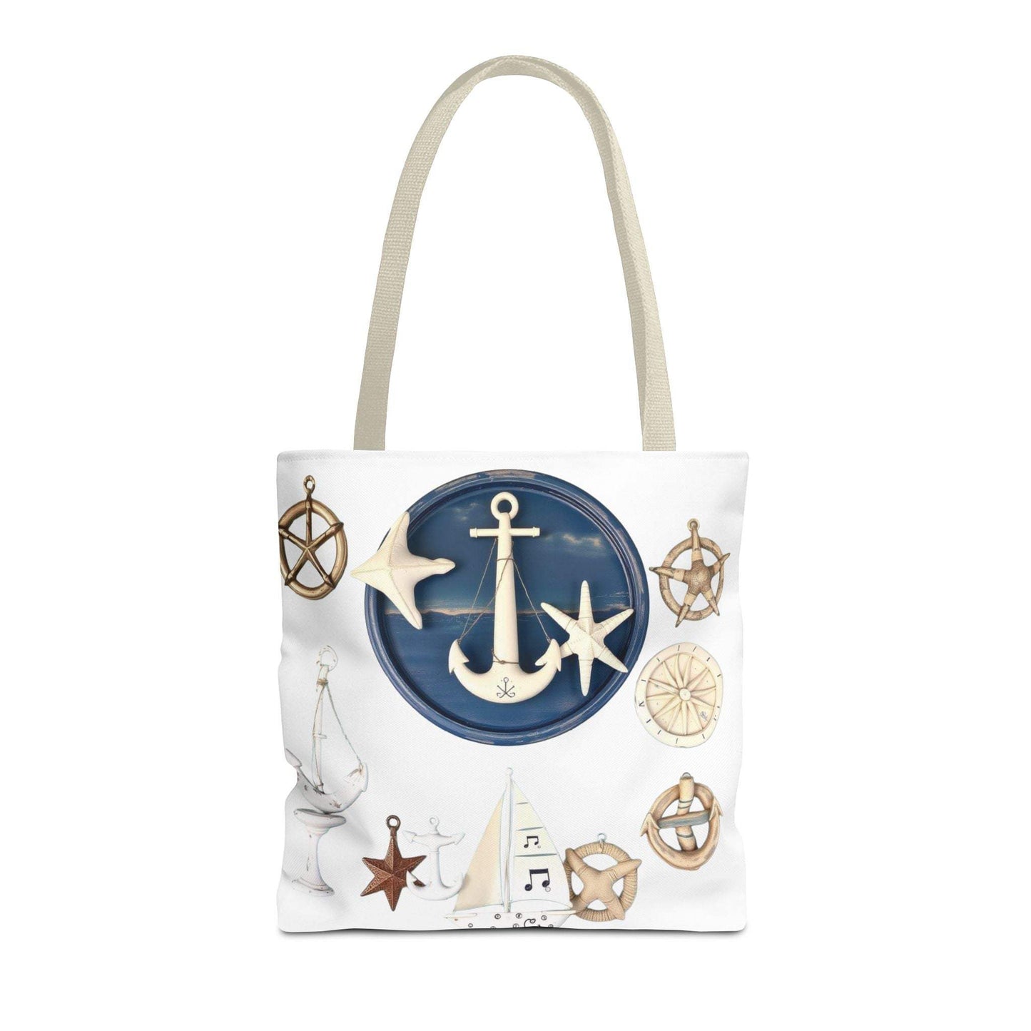 Nautical tote bag with anchor and star motif, 100% polyester, coastal-themed design.