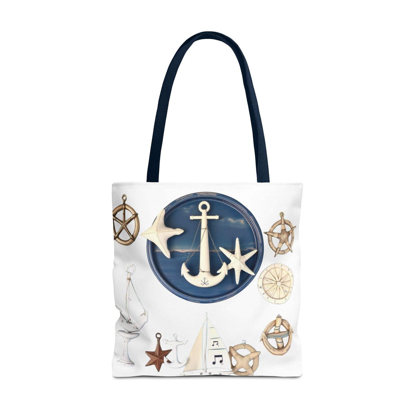 Nautical tote bag with anchor and star motif, perfect for beach days and picnics.