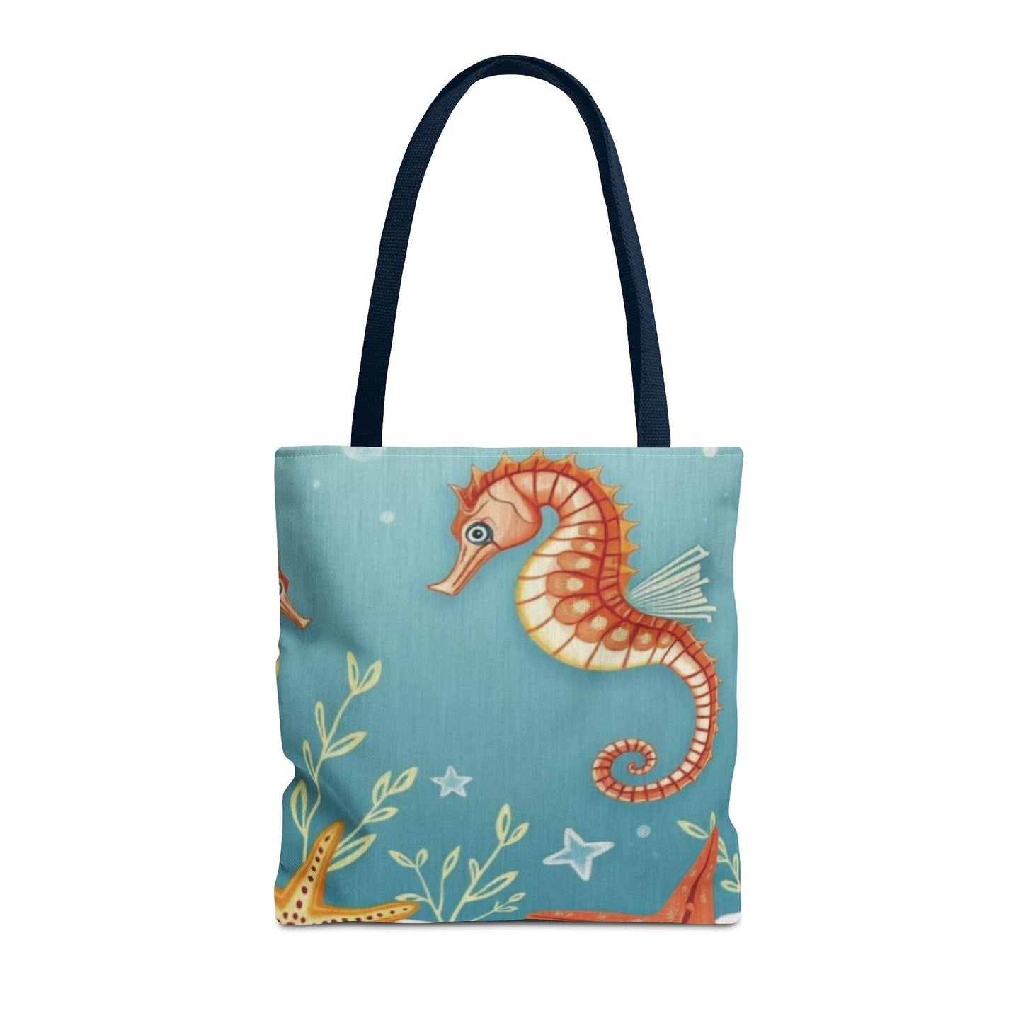 Beach tote bag with vibrant seahorse and starfish design on a durable polyester fabric.