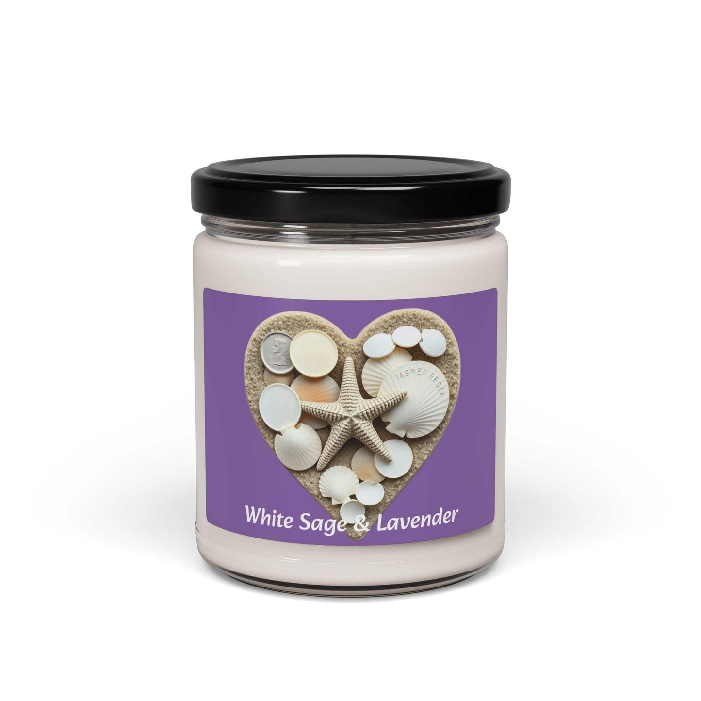 Scented soy candle jar with white sage and lavender label, featuring eco-friendly design for aromatherapy.