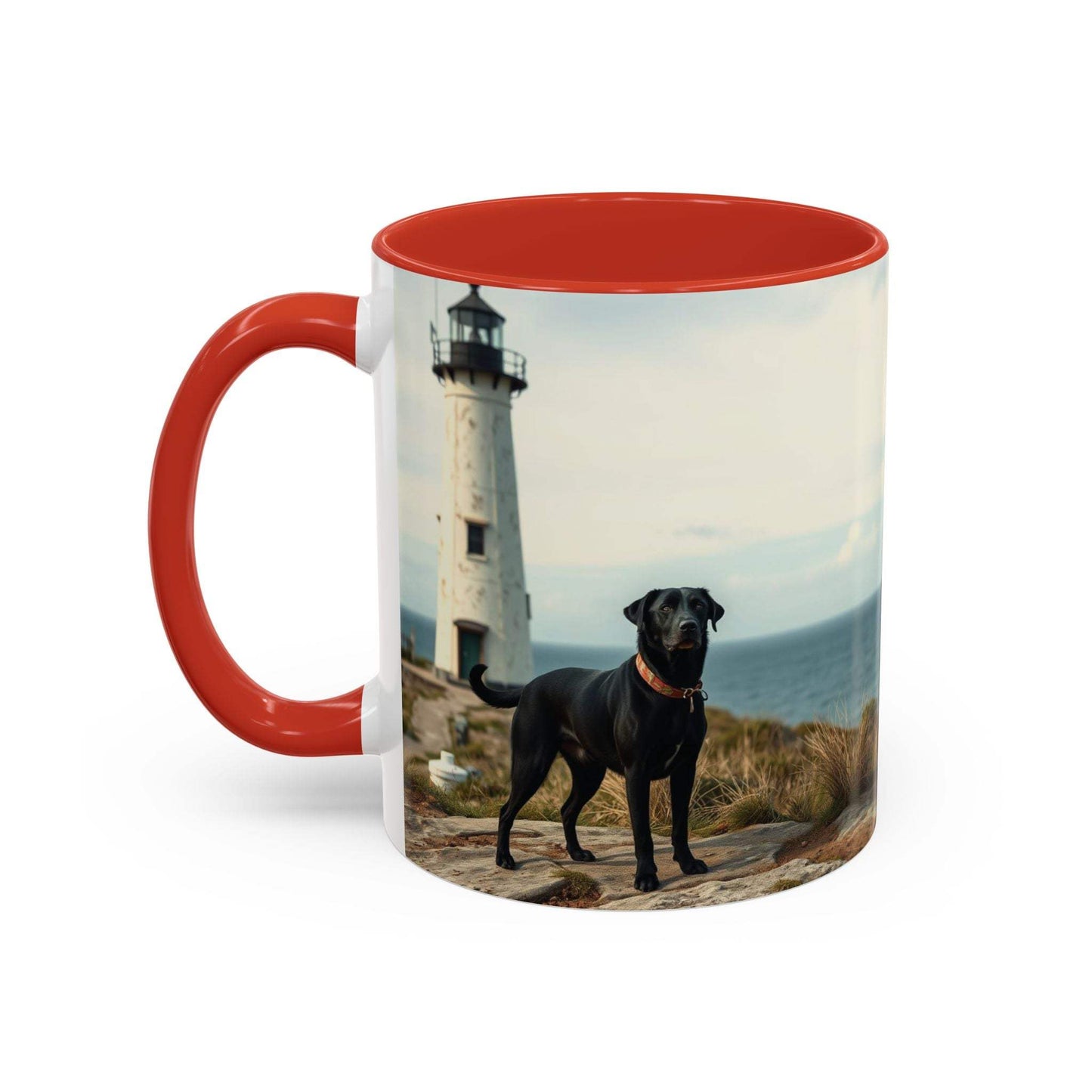 Ocean-themed coffee mug with lighthouse and dog design, vibrant red interior, perfect for coastal home decor.