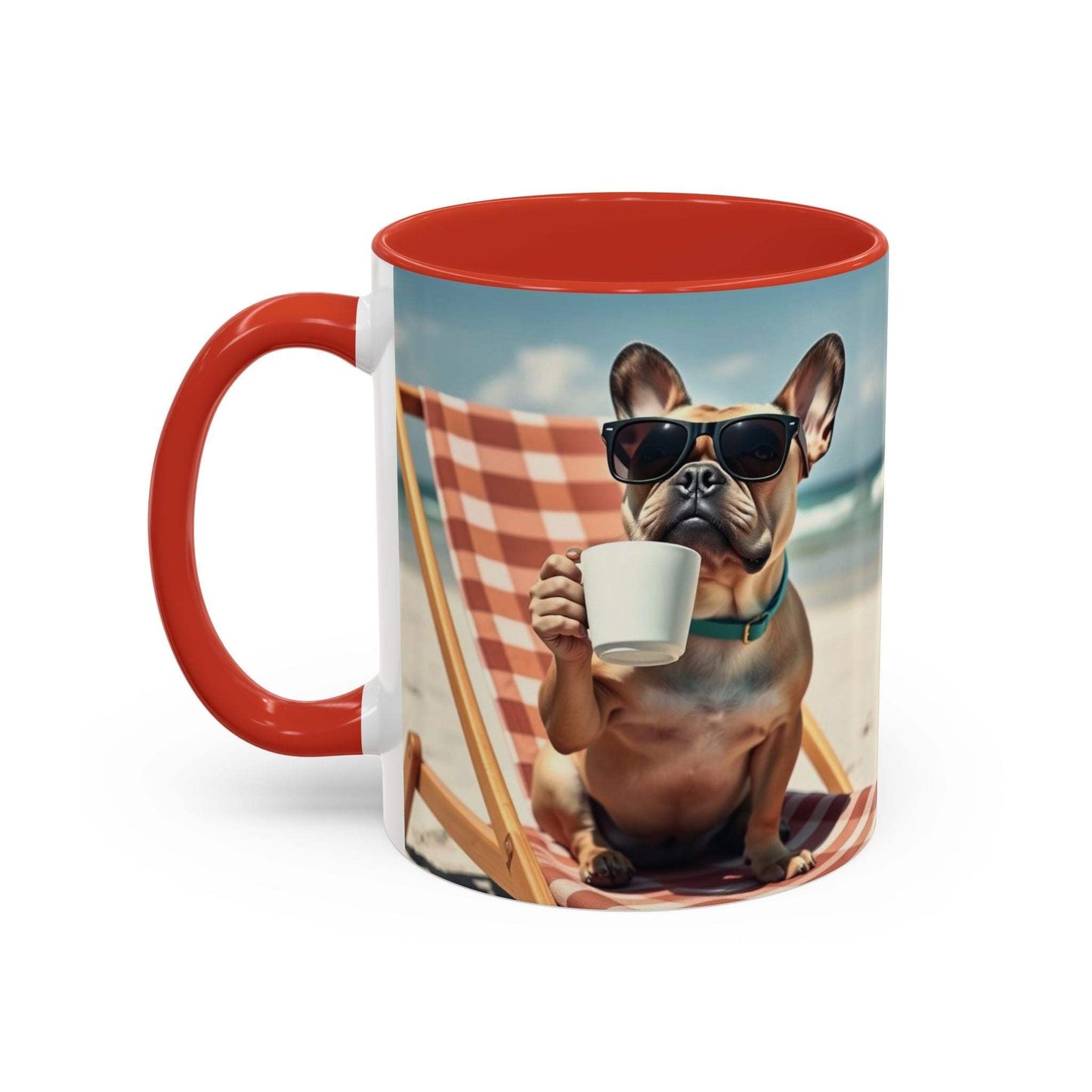 Beach Dog Accent Coffee Mug featuring a cheerful dog in sunglasses at the beach, ideal for pet lovers.