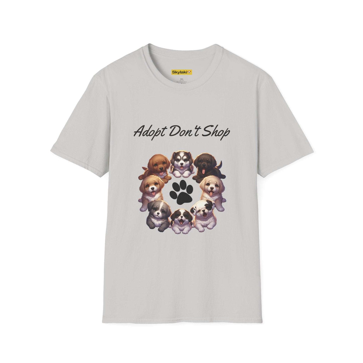 Unisex "Adopt, Don't Shop" T shirt in soft style fabric with animal adoption design.