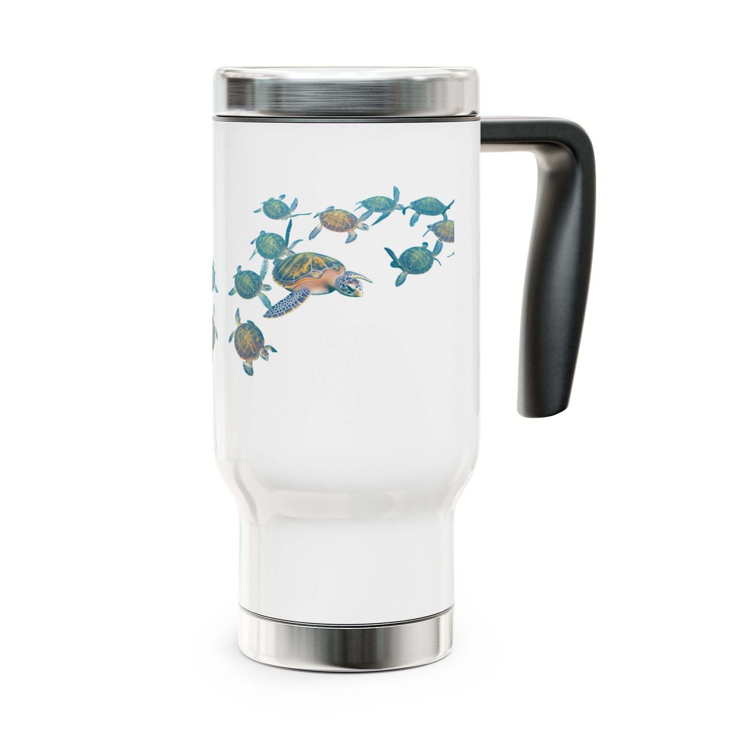Stainless steel travel mug with handle, white enamel finish, and turtle design, 14oz.