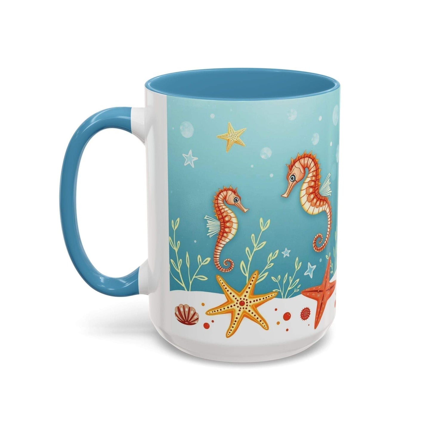 Ocean-themed accent coffee mug with sea life design featuring seahorses and starfish on a vibrant ceramic surface.