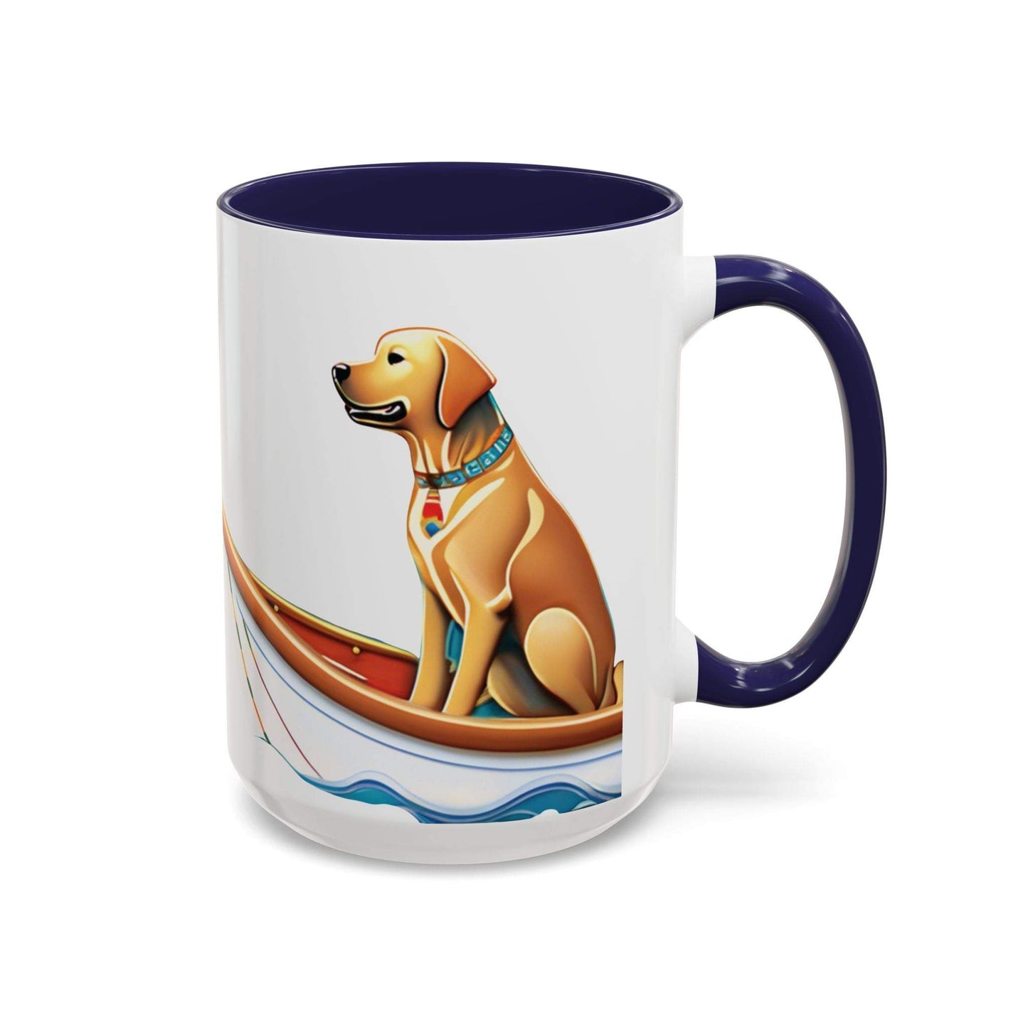Nautical dog lover coffee mug with colorful boat design, available in 11oz and 15oz sizes.