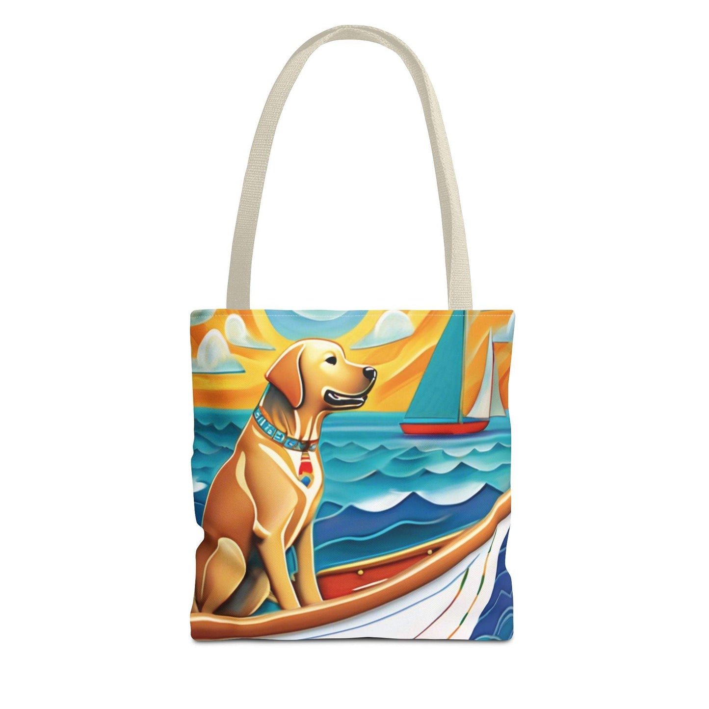 Tote Bag with Sailing Dog design, durable and vibrant accessory for pet lovers.