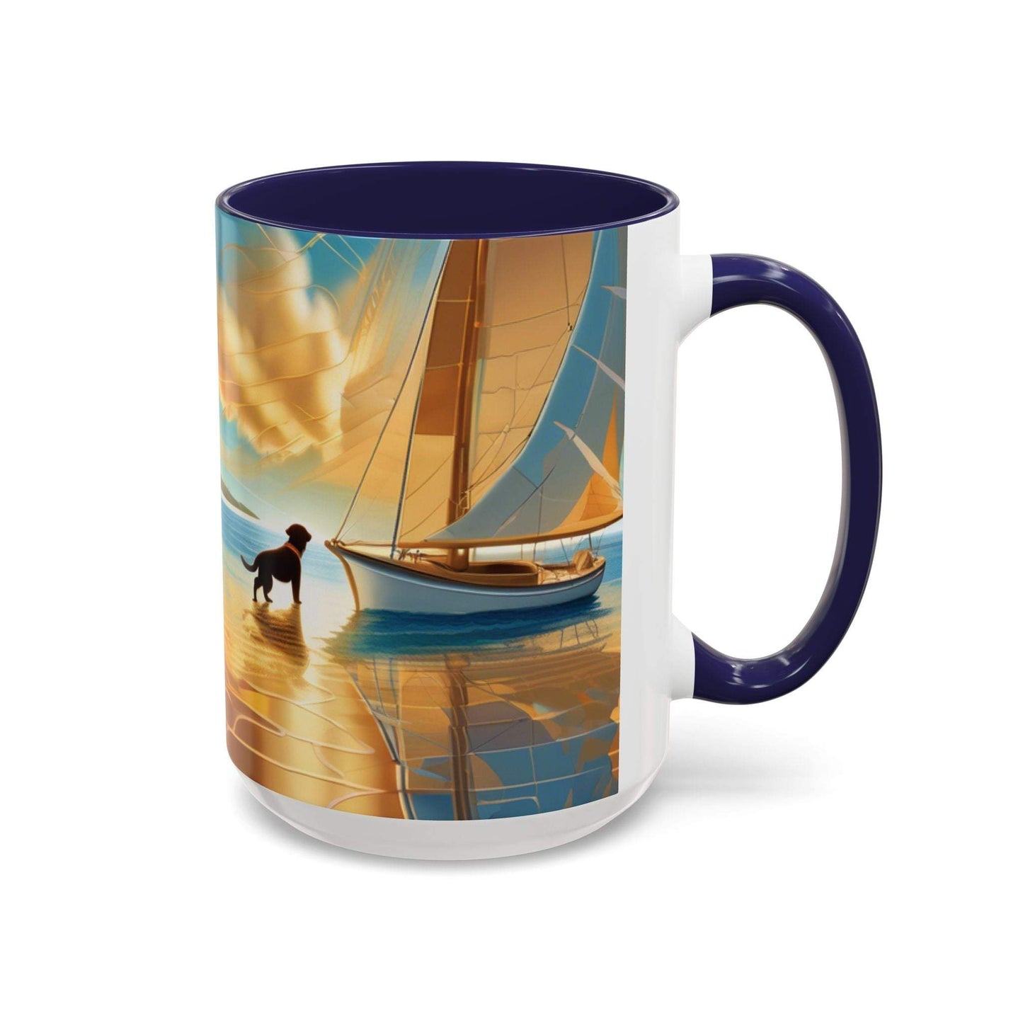 Serene Sunset Dog Lover's Mug with sailboat and dog illustration on white ceramic, available in 11oz and 15oz sizes.