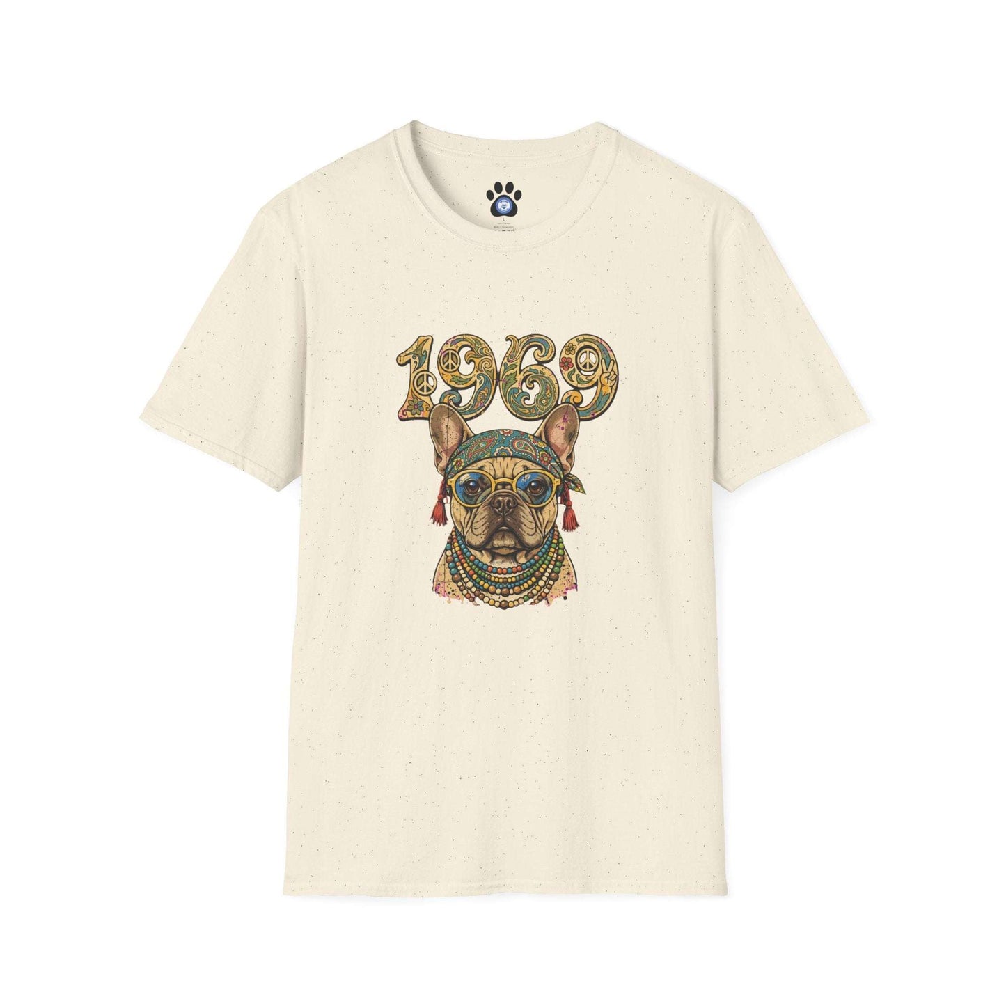 1969 Hippie French Bulldog shirt with retro paisley and peace sign design