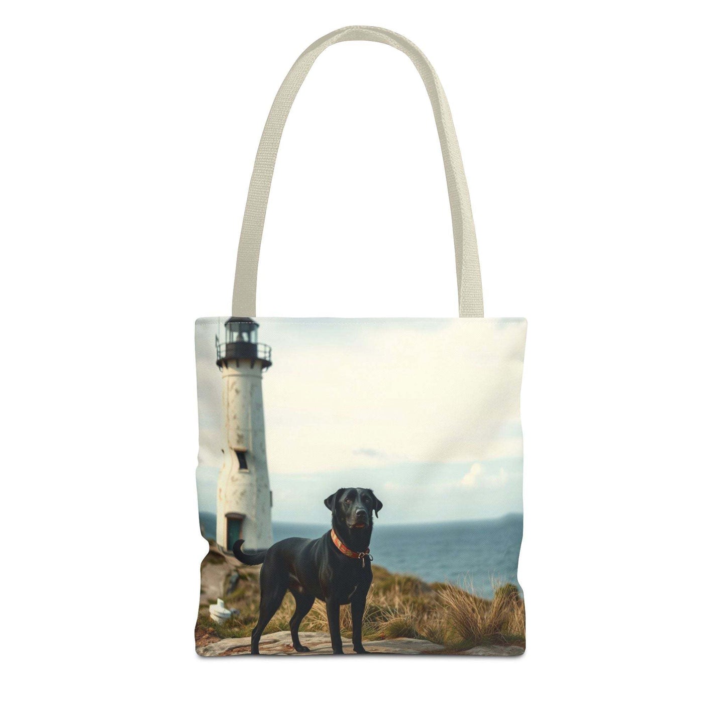 Coastal Canine Tote Bag featuring a beach scene with a dog and lighthouse, perfect for dog lovers and beach outings.
