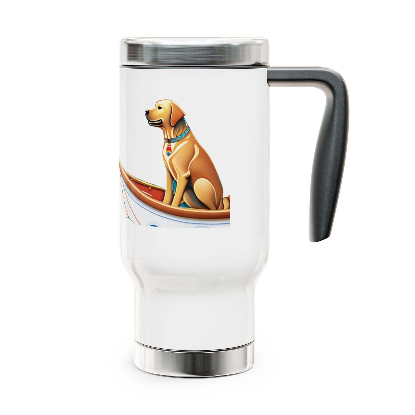 Stainless steel travel mug with handle, featuring a dog design, 14oz capacity.